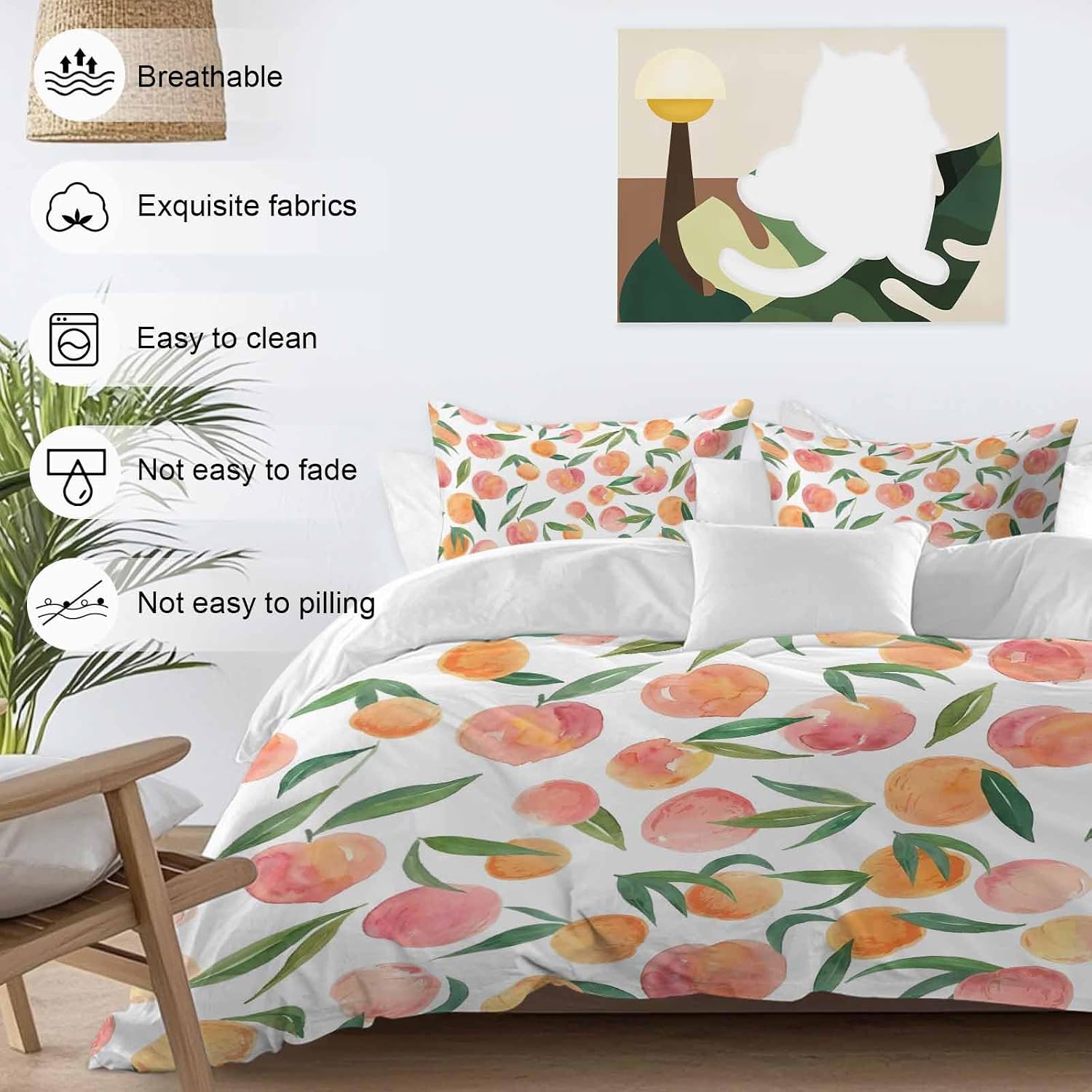 Peaches Watercolor Duvet Cover Set Queen Size 4 Pieces Pink Fruit Green Leaf Gradient Abstract Bedding Set with Zipper Closure, 1 Comforter Cover 92x106 Inches 1 Flat Sheet & 2 Pillow Cases