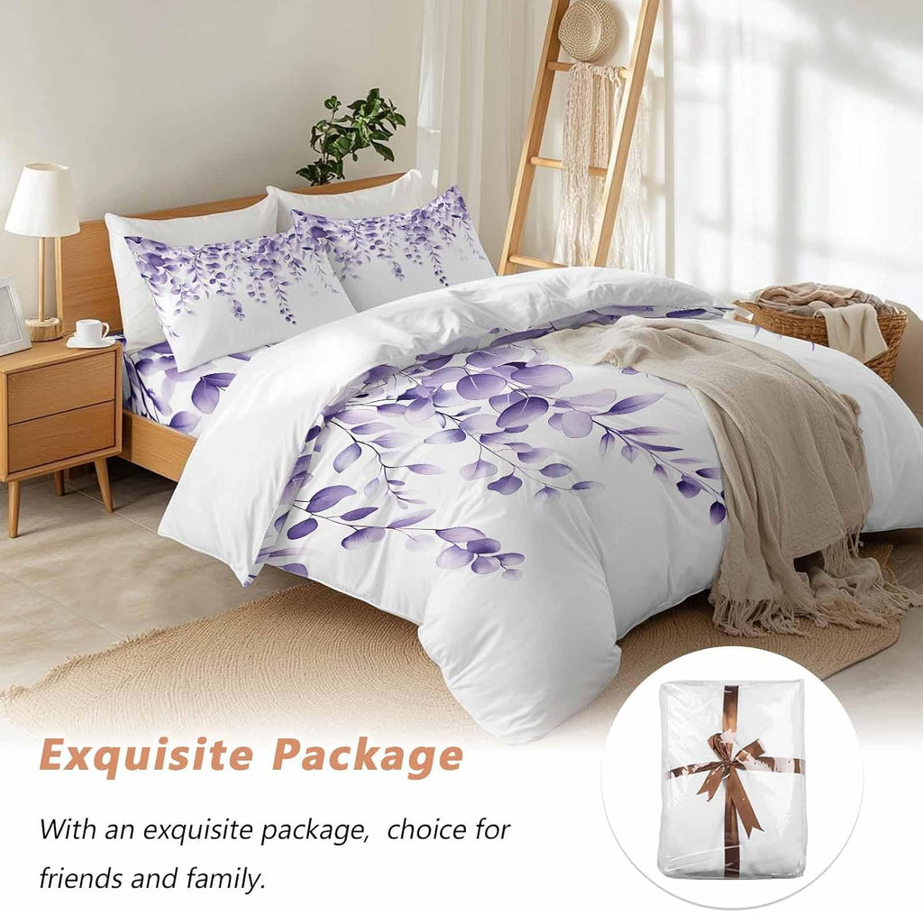 Purple Leaves Duvet Cover Set Queen Size 4 Pieces Eucalyptus Leaf Watercolor Plant Botanical Bedding Set with Zipper Closure, 1 Comforter Cover 92x106 Inches 1 Flat Sheet & 2 Pillow Cases