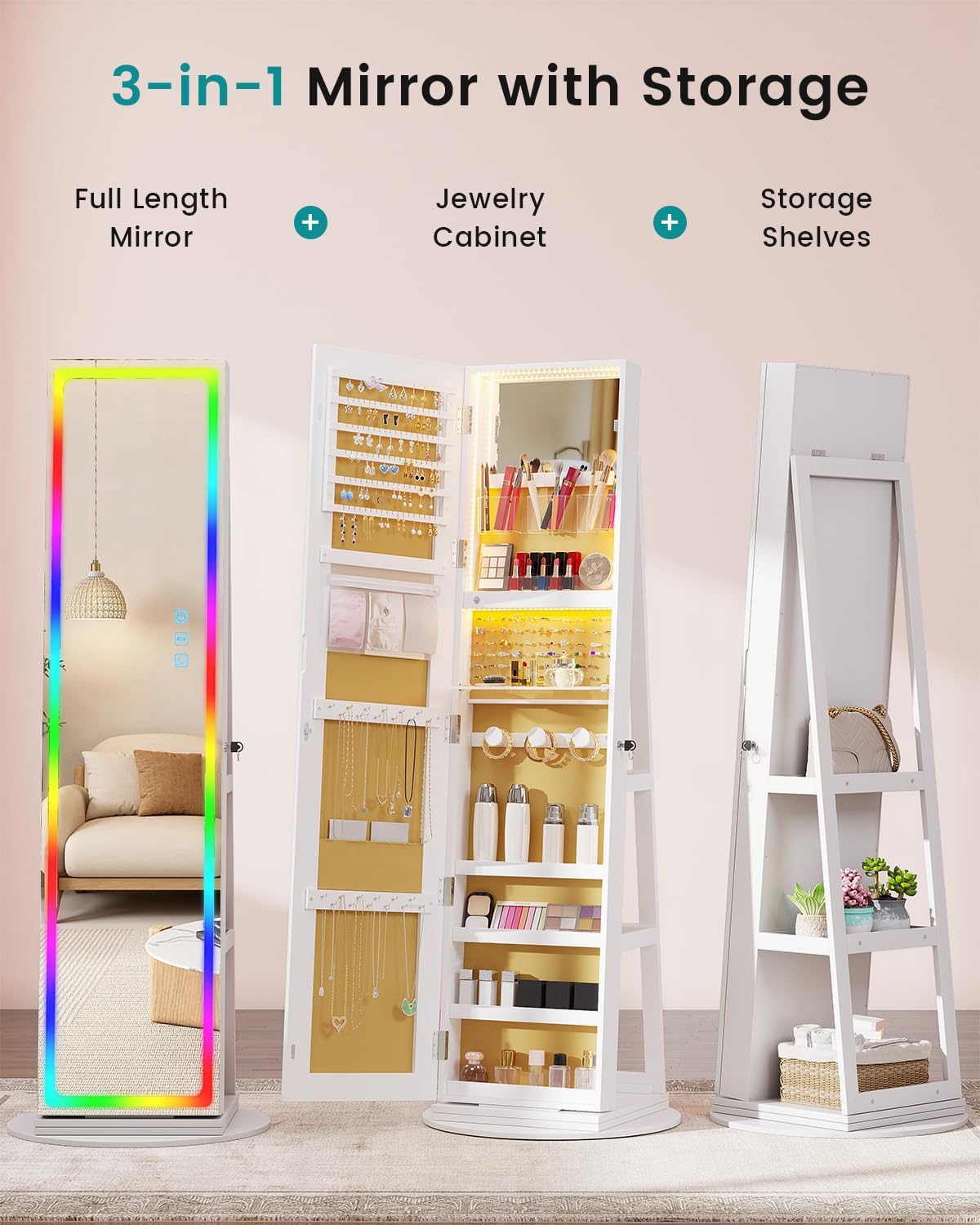 Vlskra LED Mirror Jewelry Cabinet Standing, Rotating Full Length Mirror with Storage, Lockable Jewelry Armoire with Mirror, Space-Saving Jewelry Armoire Organizer, Foldable Makeup Shelf, White