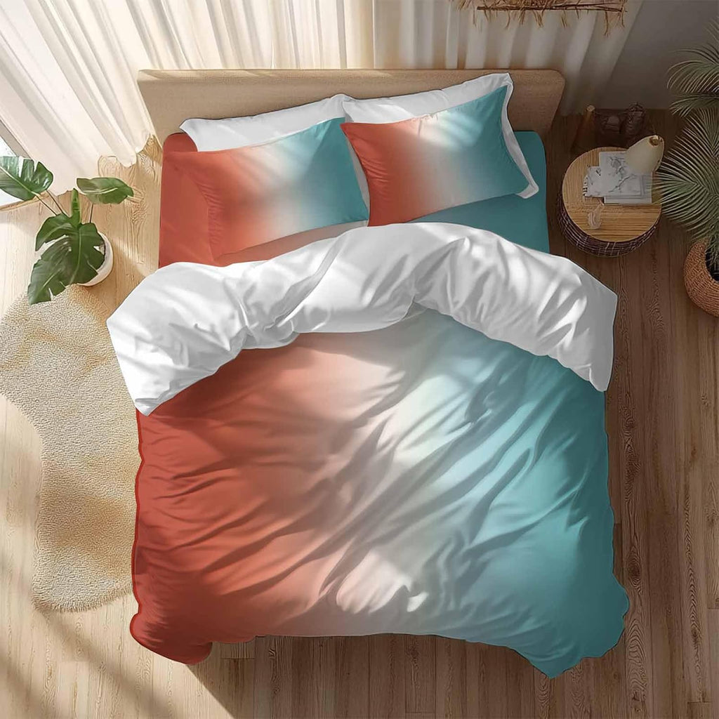 Gradient Orange Blue Duvet Cover Set Queen Size 4 Pieces Modern Abstract Minimalist Orange Ocean Beach Bedding Set with Zipper Closure, 1 Comforter Cover 90x92 Inches 1 Flat Sheet & 2 Pillow Cases