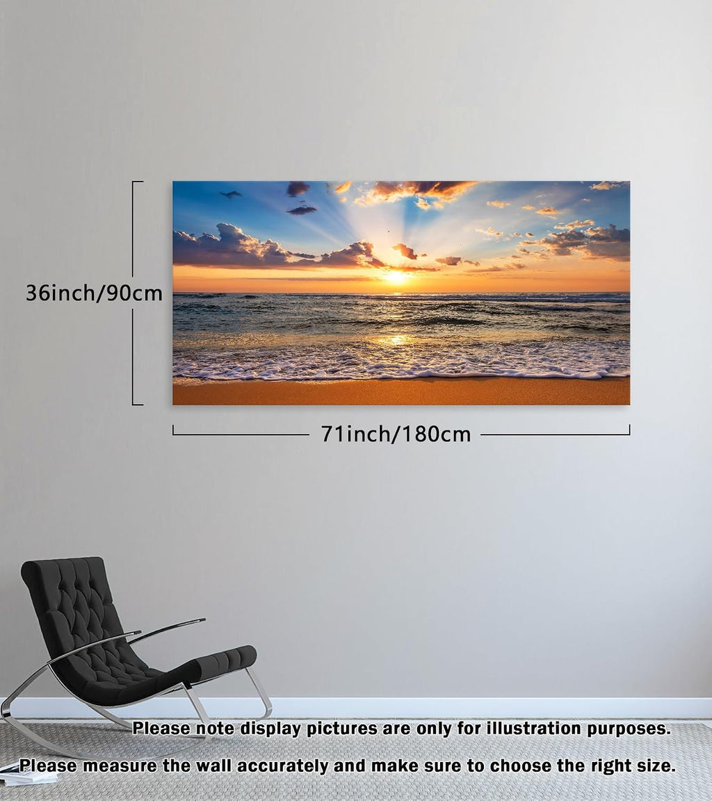 Muolunna BK1898 Wall Art Decor Large Canvas Print Picture Sunrise Ocean Beach 1 Panel Waves Scenery Painting Artwork for Office Wall Decor Home Decoration Stretched and Framed Ready to Hang