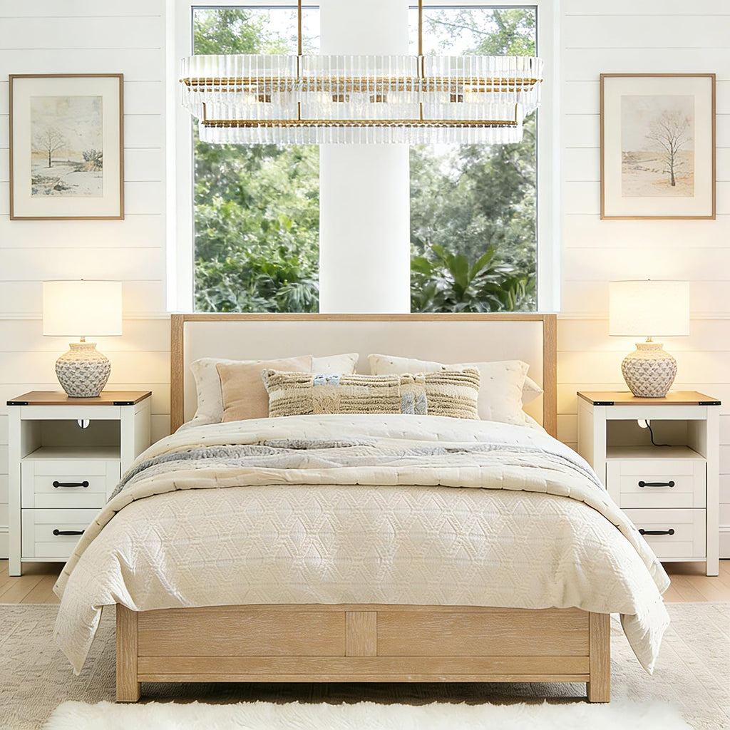 Farmhouse Night Stand Set of 2, Rustic White Nightstand for Bedroom, End Tables Without Charging Station, Bedside Table with Drawers, Wood Bedside Cabinet Dresser