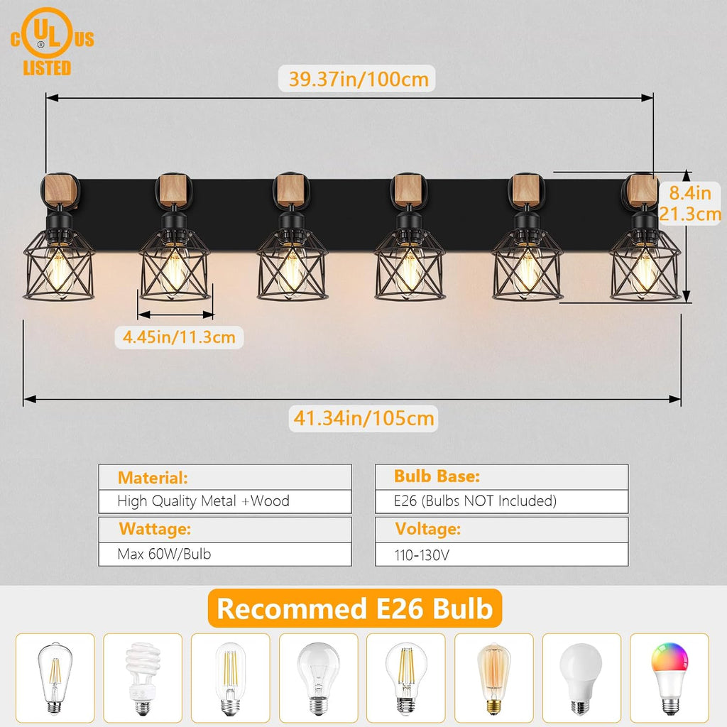 FadimiKoo 6-Light Farmhouse Bathroom Lighting Fixtures, Wood Black Vanity Lights Over Mirror, Rustic Wall Sconces Lighting with Metal Lampshade, Vintage Wall Lights for Bedroom, Living Room, Hallway