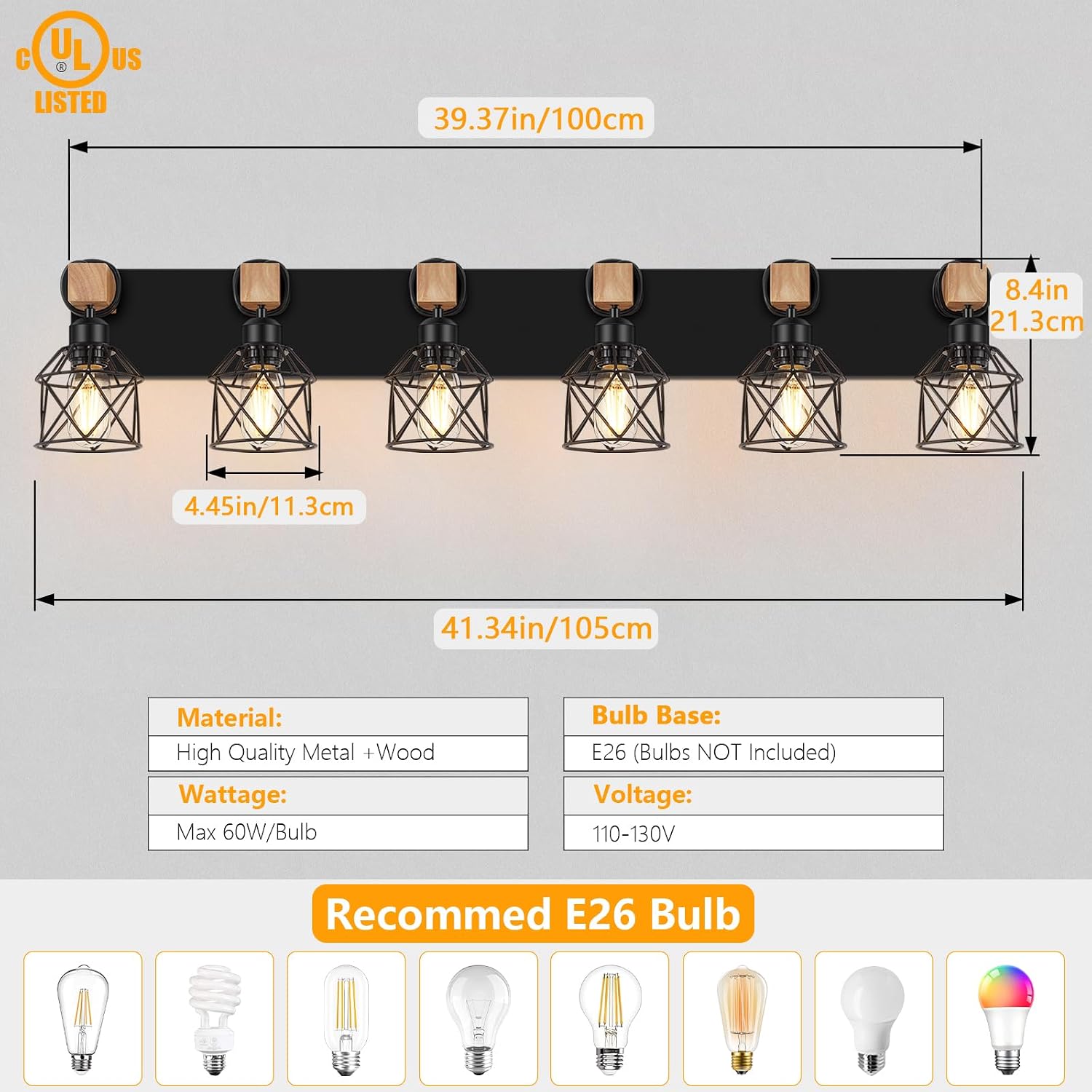 FadimiKoo 6-Light Farmhouse Bathroom Lighting Fixtures, Wood Black Vanity Lights Over Mirror, Rustic Wall Sconces Lighting with Metal Lampshade, Vintage Wall Lights for Bedroom, Living Room, Hallway