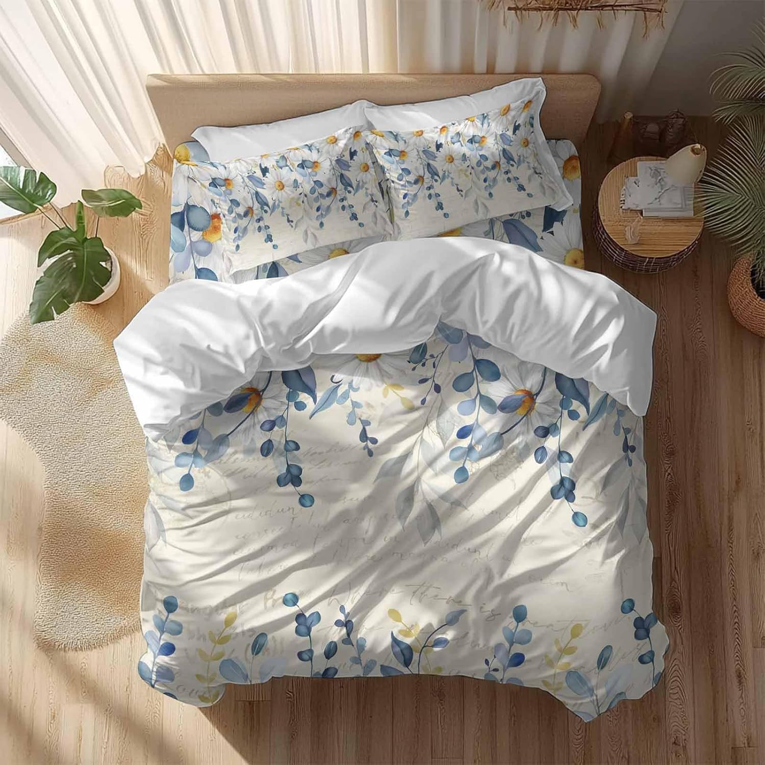 Spring Eucalyptus Leaves Duvet Cover Set Queen Size 4 Pieces Country Vintage Blue Leaf White Daisy Bedding Set with Zipper Closure, 1 Comforter Cover 92x106 Inches 1 Flat Sheet & 2 Pillow Cases