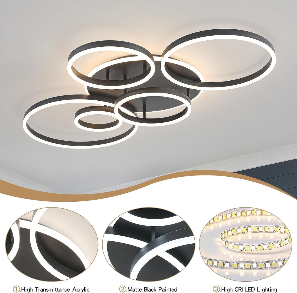 O'NEELDY Black Flush Mount Ceiling Light Dimmable Dining Room Light Fixture Round 6 Rings Modern LED Ceiling Light with Remote Control 47' Kitchen Lighting Fixture Ceiling Lamp for Living Room,Bedroom