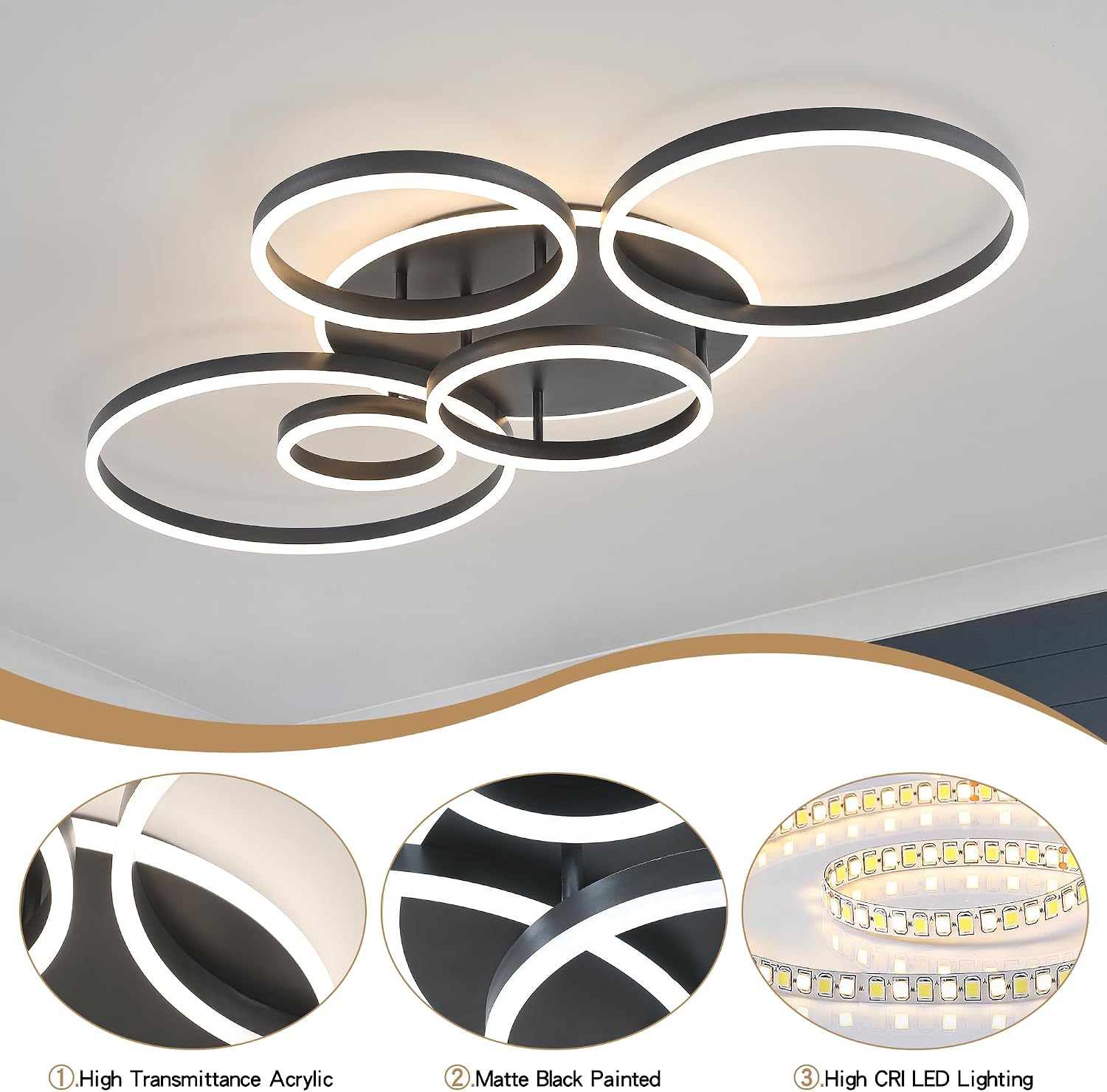 O'NEELDY Black Flush Mount Ceiling Light Dimmable Dining Room Light Fixture Round 6 Rings Modern LED Ceiling Light with Remote Control 47' Kitchen Lighting Fixture Ceiling Lamp for Living Room,Bedroom