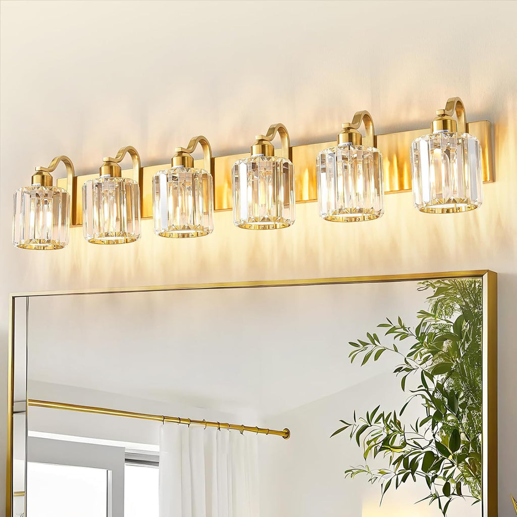 Modern Bathroom Vanity Light 6-Lights Brass Gold Vanity Light Crystal Wall Light Bathroom Light Fixtures with Round Shade (Exclude Bulb)