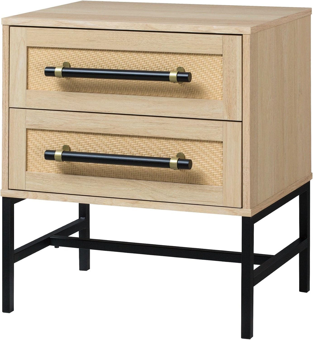Sophia 2-Drawer Nightstand in Natural Oak Look with Rattan Panels and Minimalist Black Metal Frame- Perfect Bedroom Storage for Small Spaces, Large Suites, or Living Rooms