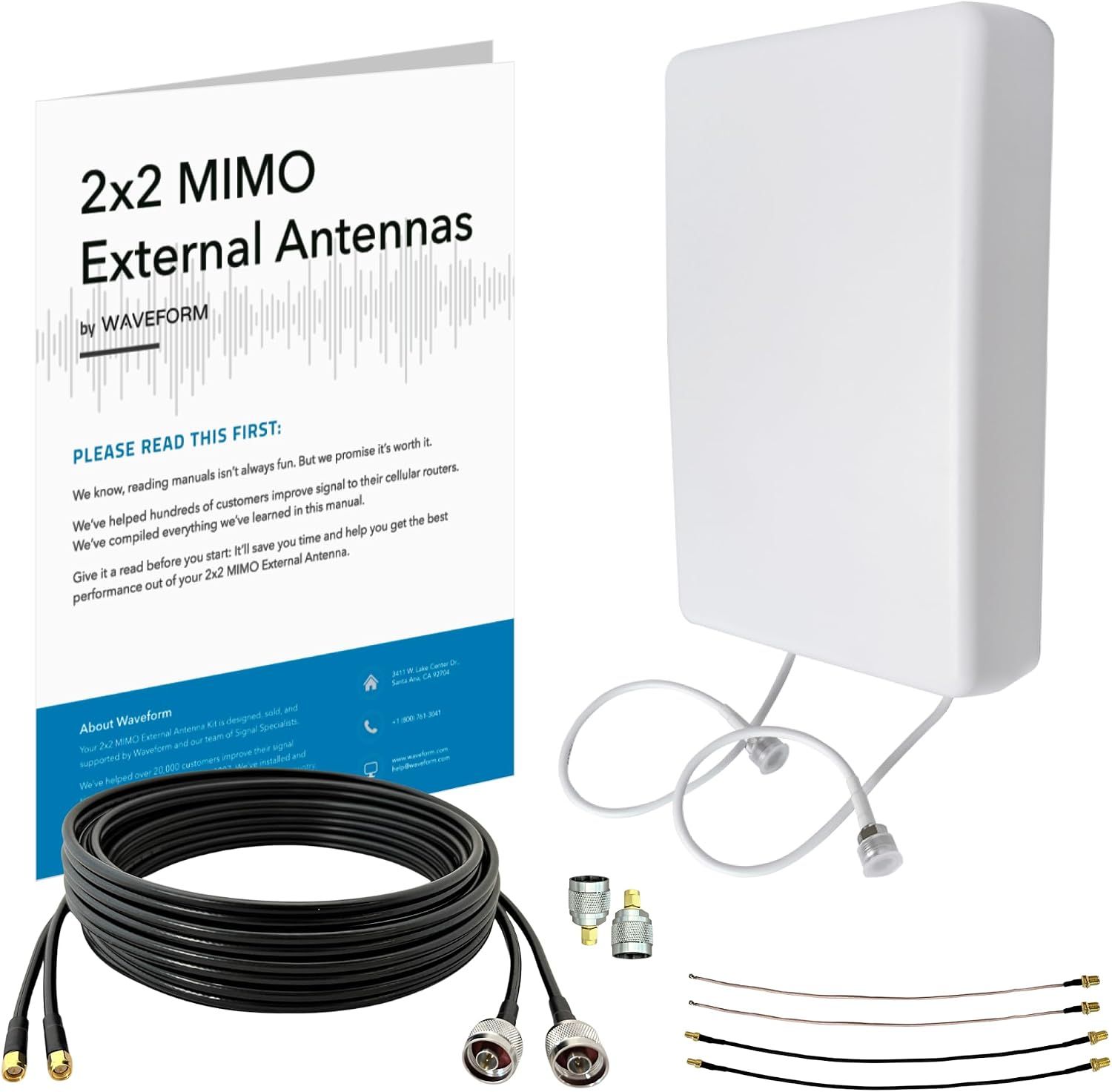 Waveform MIMO Panel Antenna Kit +9 dBi Gain, 600-2700 MHz for 3G, 4G LTE, 5G Modems, Routers, & Cell Boosters TS9, SMA, U.FL Adapters (Wall Mount Kit with 30' Cables + Adapters)