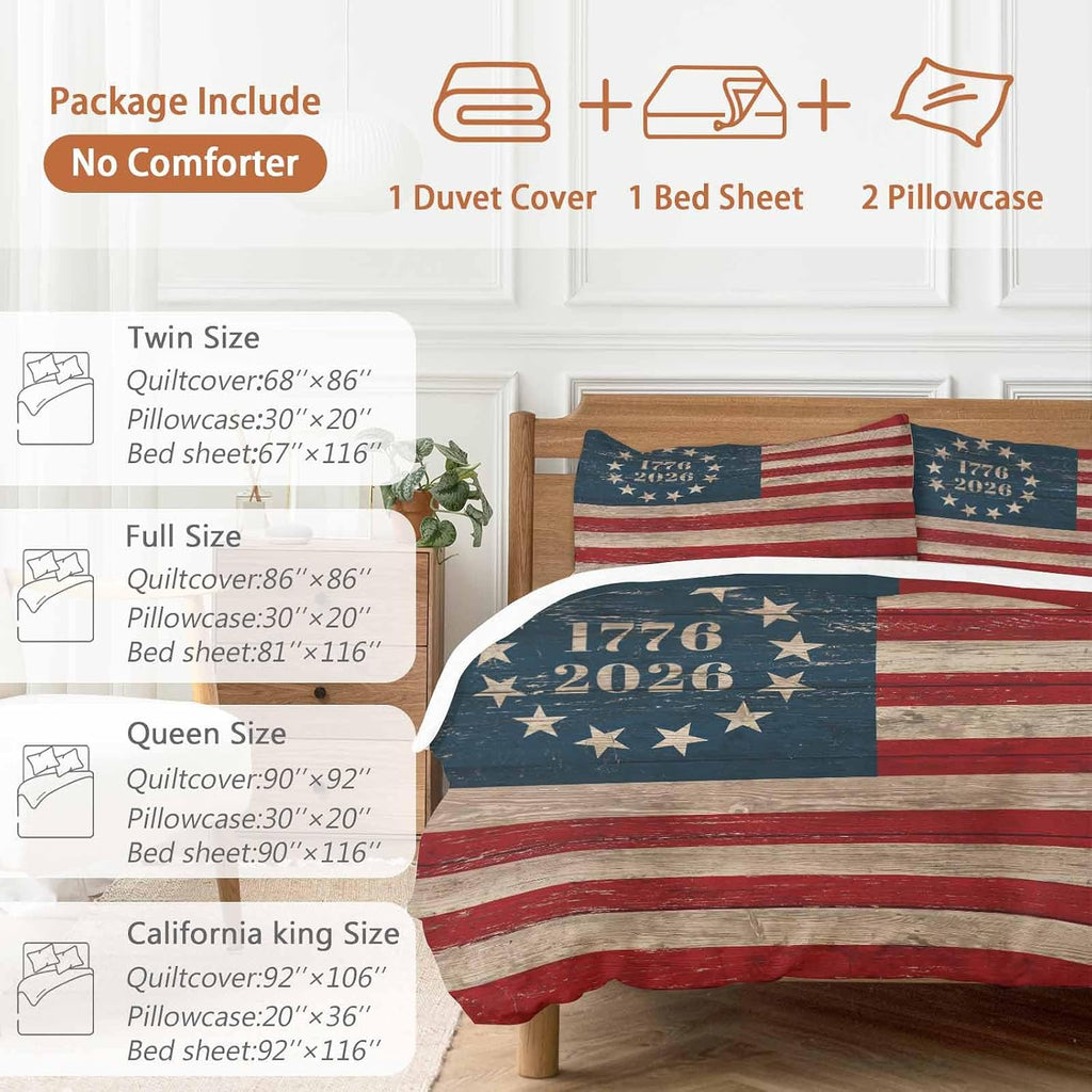 Independence Day Duvet Cover Set Queen Size 4 Pieces Retro American Flag Patriotic Red Blue Stripe Star Bedding Set with Zipper Closure, 1 Comforter Cover 92x106 Inches 1 Flat Sheet & 2 Pillow Cases