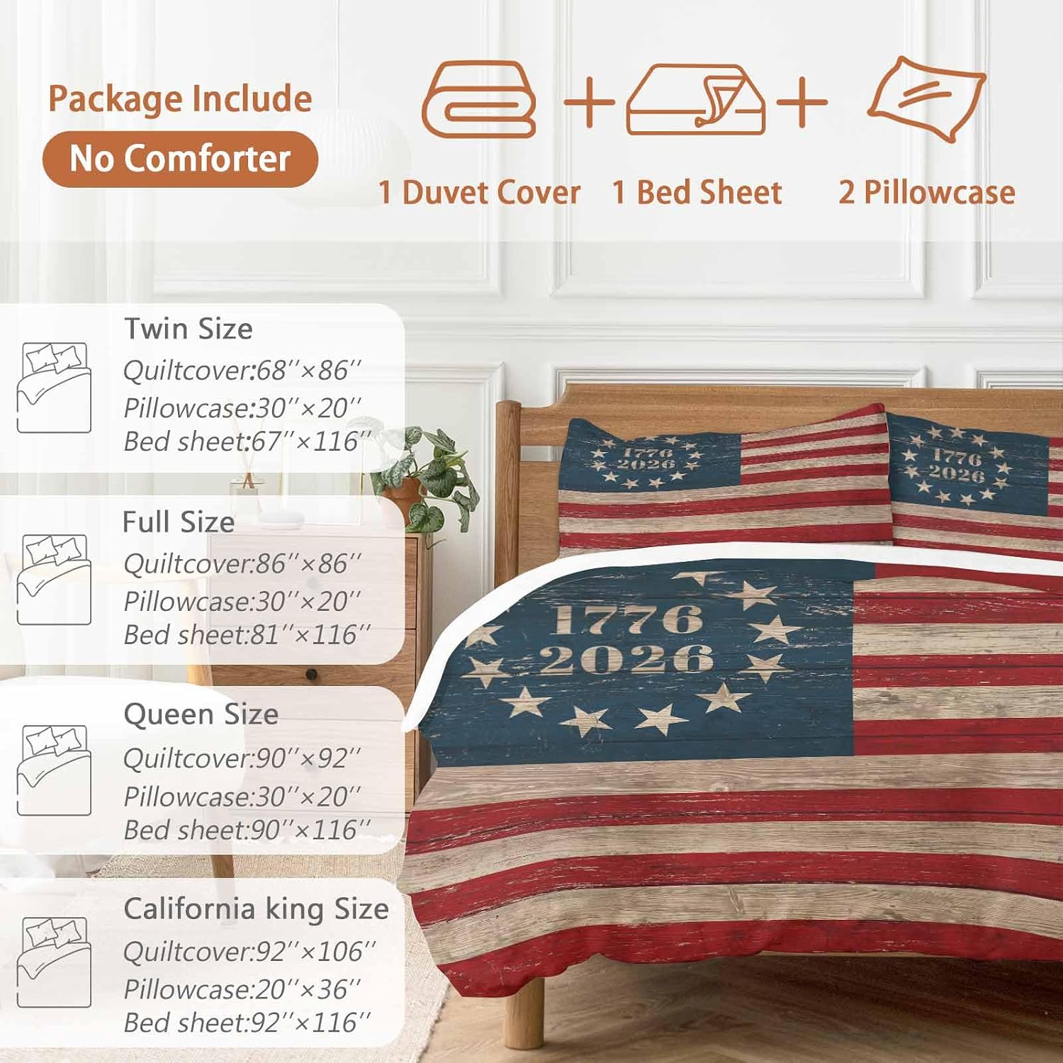 Independence Day Duvet Cover Set Queen Size 4 Pieces Retro American Flag Patriotic Red Blue Stripe Star Bedding Set with Zipper Closure, 1 Comforter Cover 92x106 Inches 1 Flat Sheet & 2 Pillow Cases
