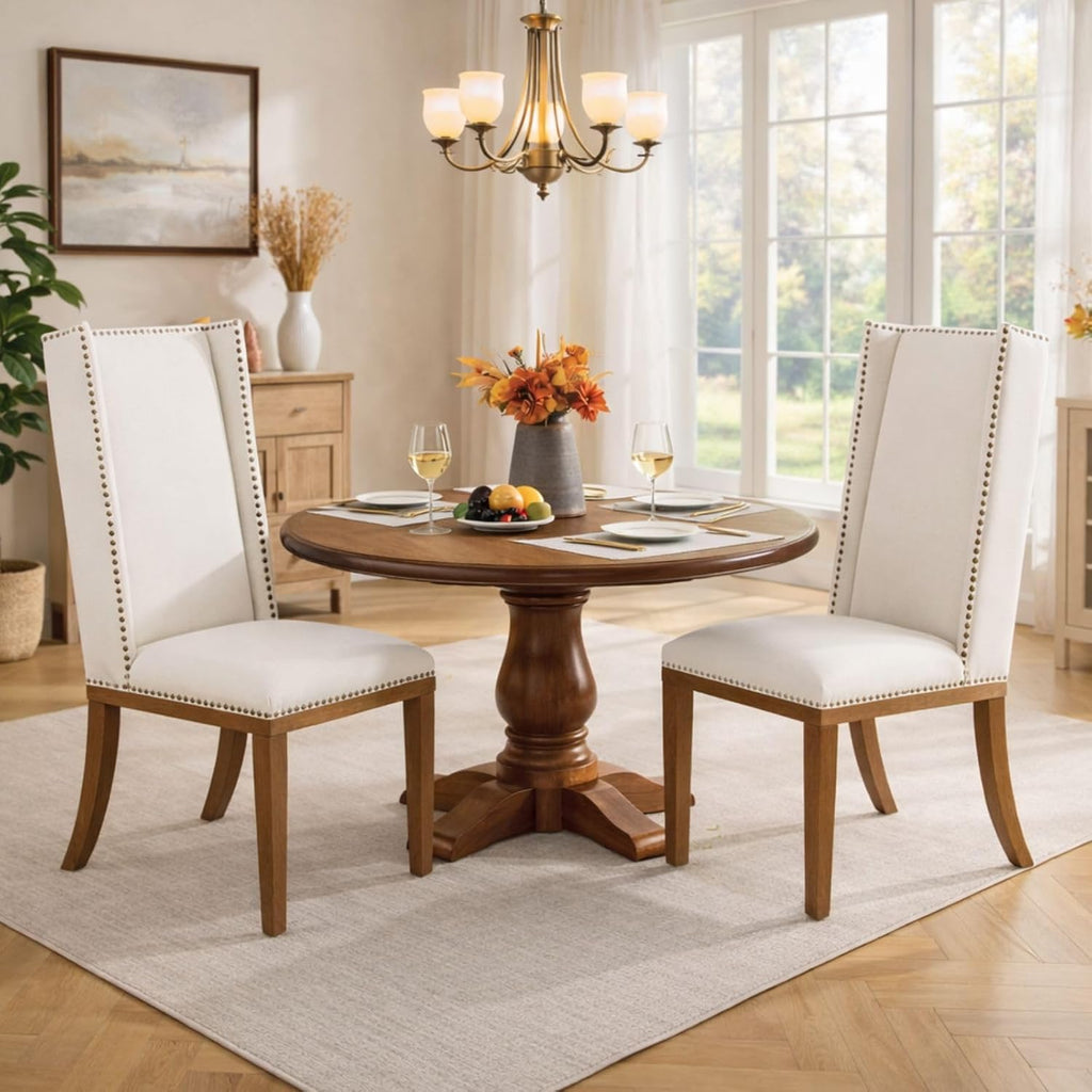 Wingback Dining Chairs Set of 2, Uphosltered Linen Kitchen Chairs with High Back, Solid Wood Accent Side Chair for Dining Room/Bedroom/Living Room, Linen White