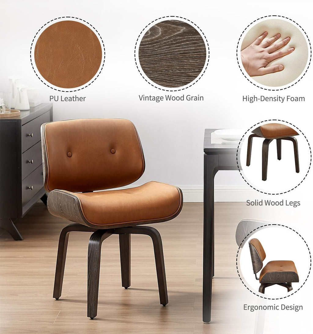 Zouron Swivel Dining Chairs Set of 2, Mid Century Modern Upholstered Faux Leather Chair with Black Oak Bentwood and Wood Legs for Kitchen Dining Room, Thickened Cushion, Button Brown