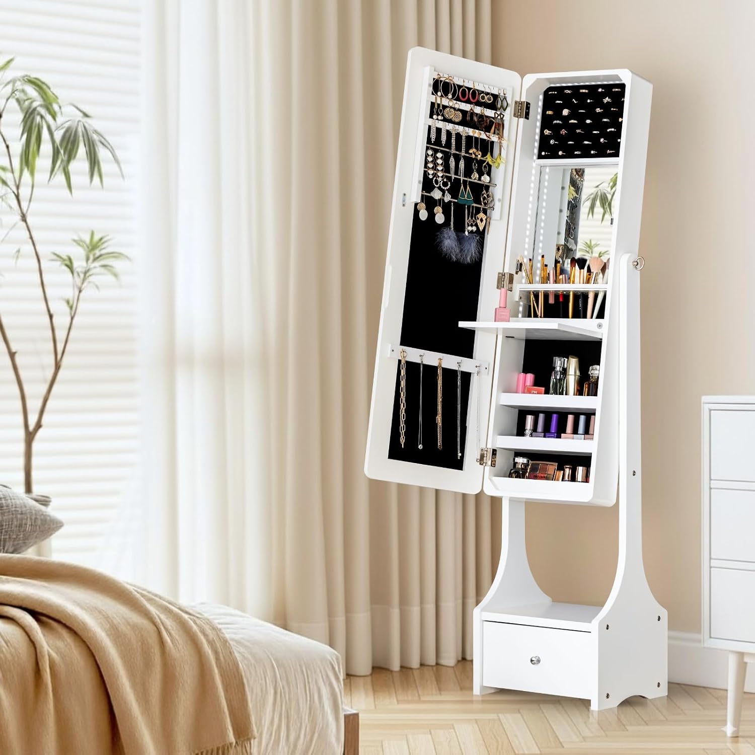 BTEXPERT Mirror Jewelry Cabinet Standing, Large Storage Jewelry Armoire, Full-Length Frameless Mirror with Jewelry Storage, 12 LED Lockable Standing Jewelry Organizer White
