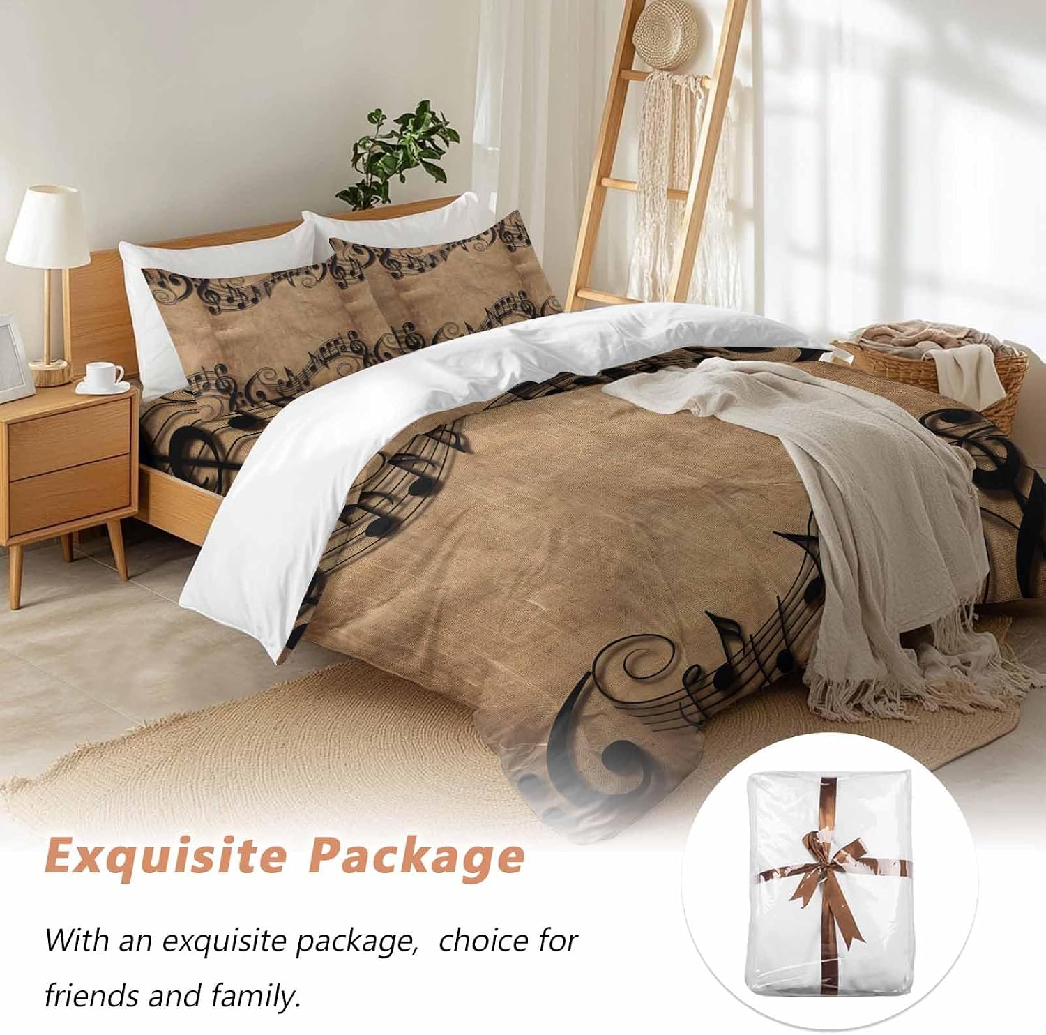Musical Symbols Duvet Cover Set Queen Size 4 Pieces Musical Staff Retro Brown Background Modern Bedding Set with Zipper Closure, 1 Comforter Cover 90x92 Inches 1 Flat Sheet & 2 Pillow Cases