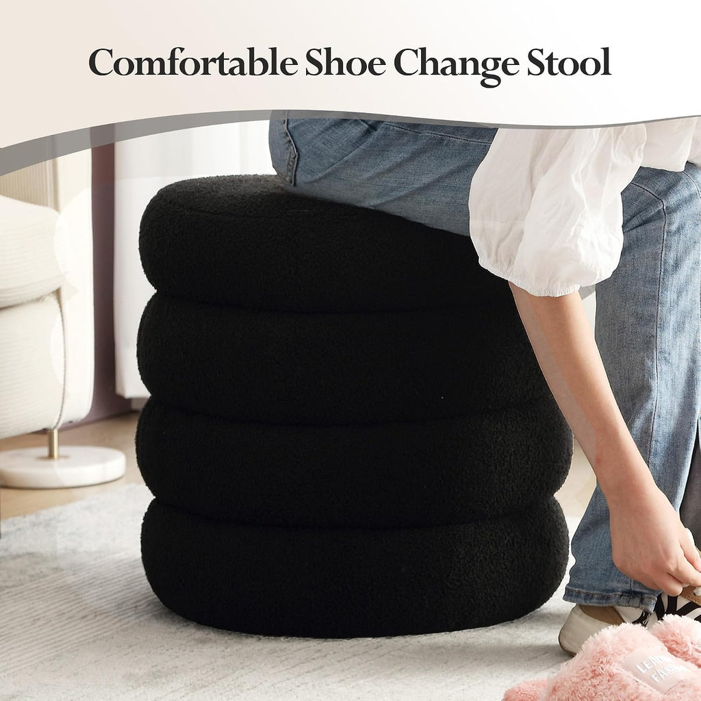 19.5 Inch Round Storage Ottoman, Modern Sherpa Ottoman Coffee Table with Removable Top, Black Vanity Stool with Storage for Bedroom, Living Room, Dorm, Set of 1