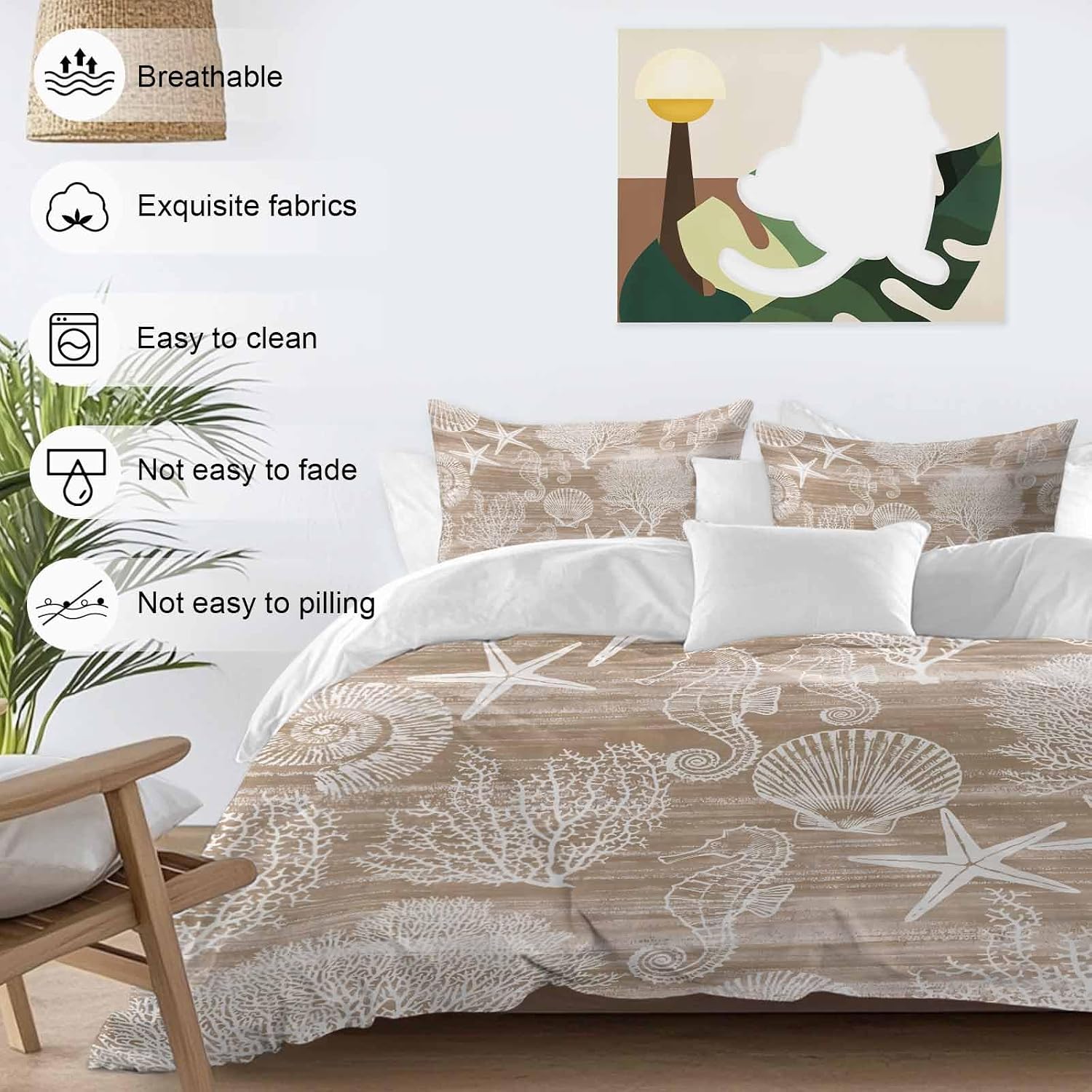 Prime Leader Brown Coastal Duvet Cover Set Queen Size 4 Pieces Nautical Starfish Seahorse Coral Summer Bedding Set with Zipper Closure, 1 Comforter Cover 92x106 Inches 1 Flat Sheet & 2 Pillow Cases