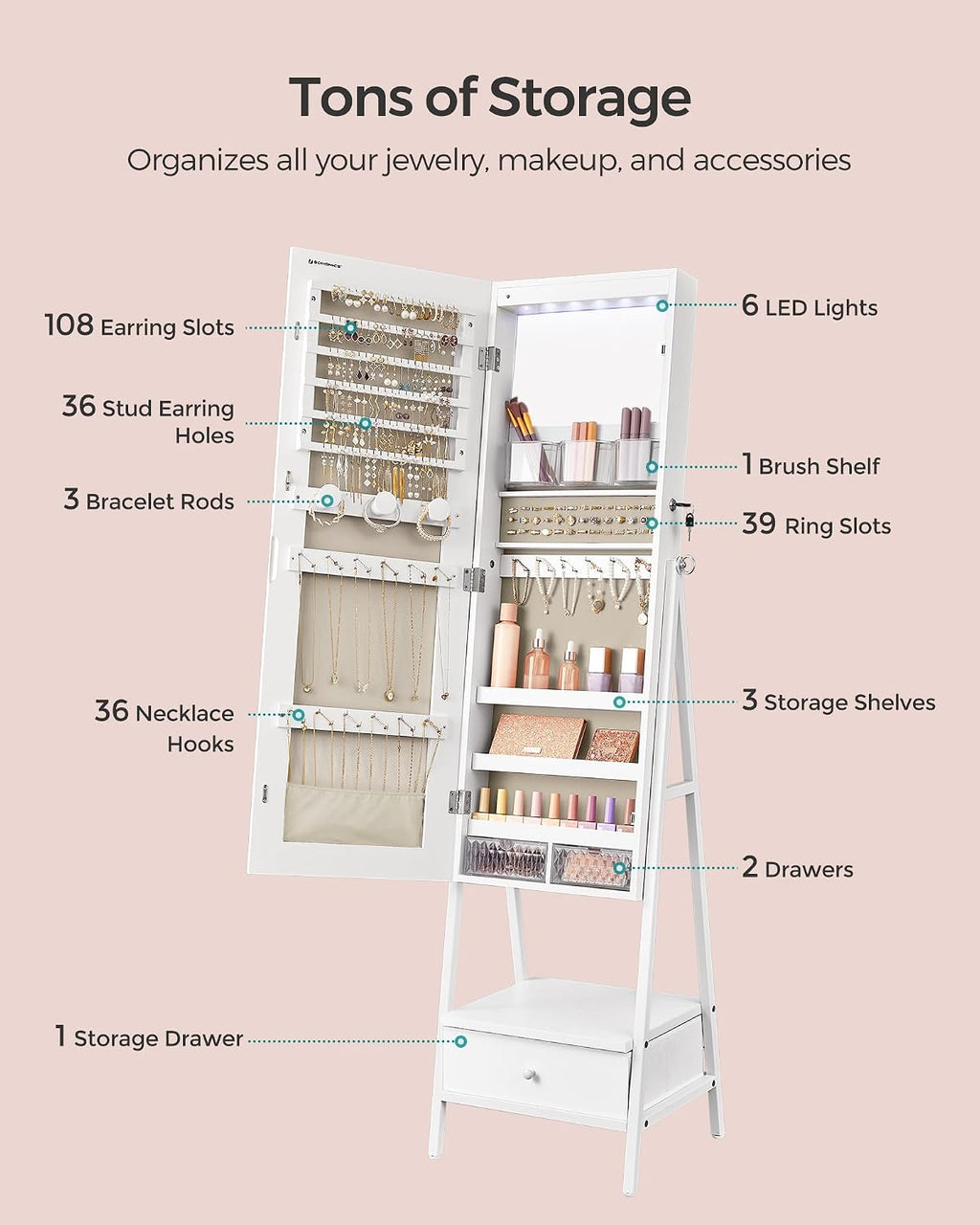 SONGMICS LED Mirror Jewelry Cabinet Standing, Lockable Jewelry Armoire with Full-Length Mirror, Space-Saving Jewelry Organizer with Mirror, Drawer and Shelf, Gift Idea, Cloud White UJJC025W01