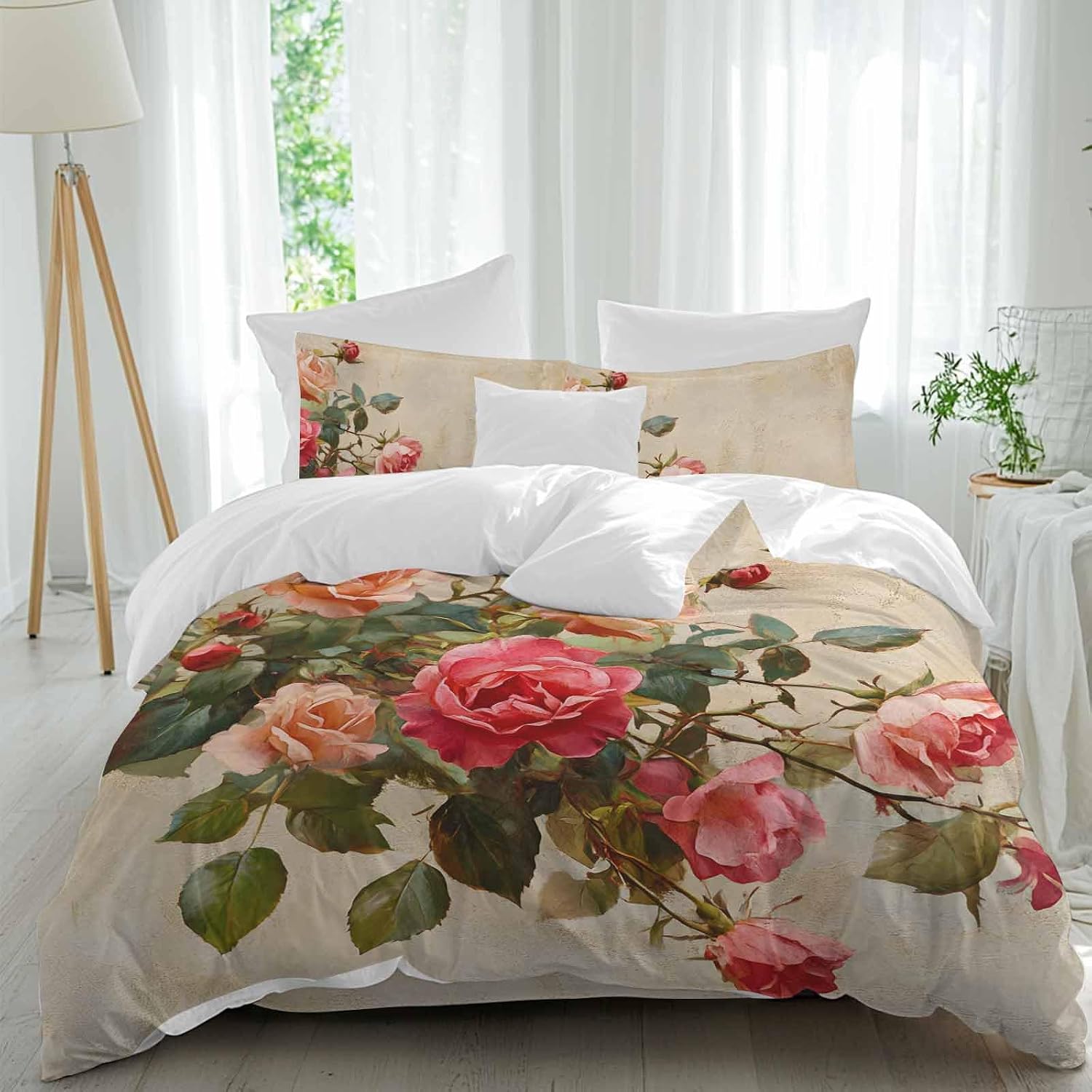 Spring Red Rose Duvet Cover Set Queen Size 4 Pieces Country Watercolor Pink Orange Floral Green Leaf Linen Bedding Set with Zipper Closure, 1 Comforter Cover 90x92 Inches 1 Flat Sheet & 2 Pillow Cases