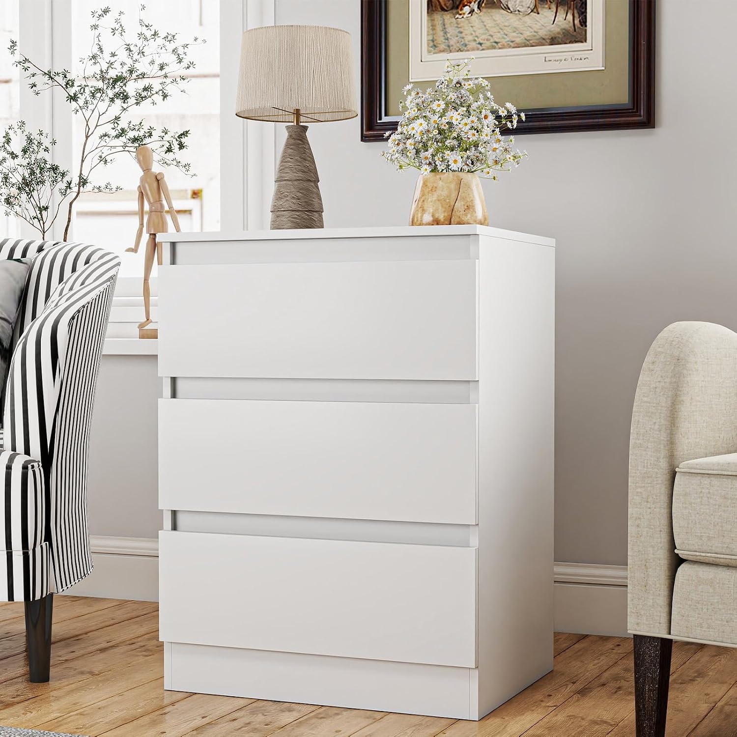 White Nightstand with 3 Drawers Set of 2,Modern Tall Bedside Table with Storage for Bedroom,End Side Table with No-Handle Design for Living Room