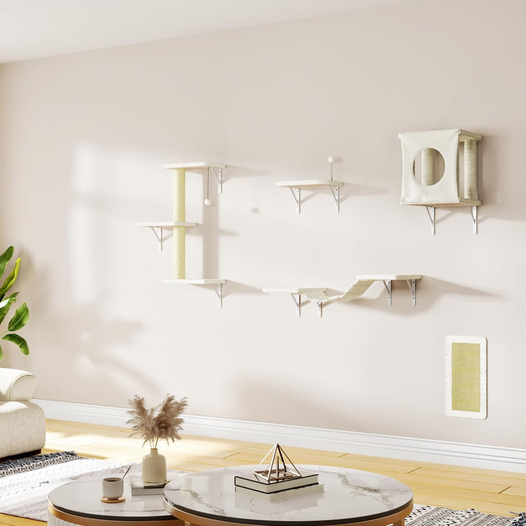 NUNU LAB Cat Wall Shelves, 10-in-1 Wall-Mounted Cat Furniture Set, Large Cat Climber Set with House, Bridge, Steps, Scratcher, DIY Playground, Shelves for Indoor Wall Furniture Set, Beige