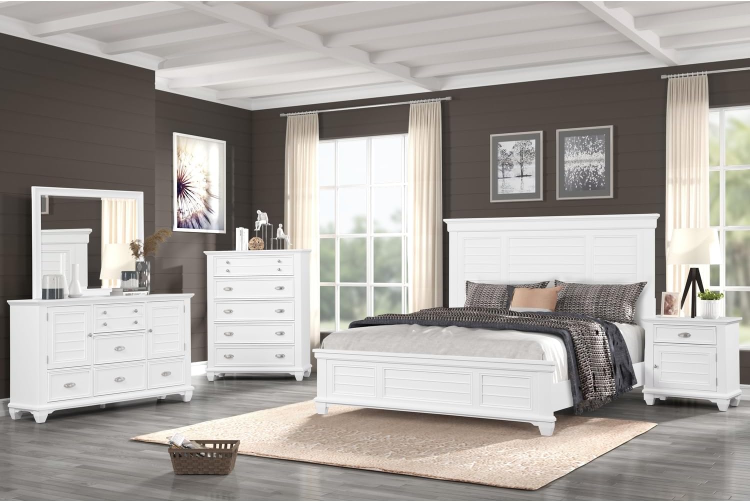 HomeStock Wood Panel Bed with Footboard Storage - Modern Bed Frame for Bedroom White/Queen