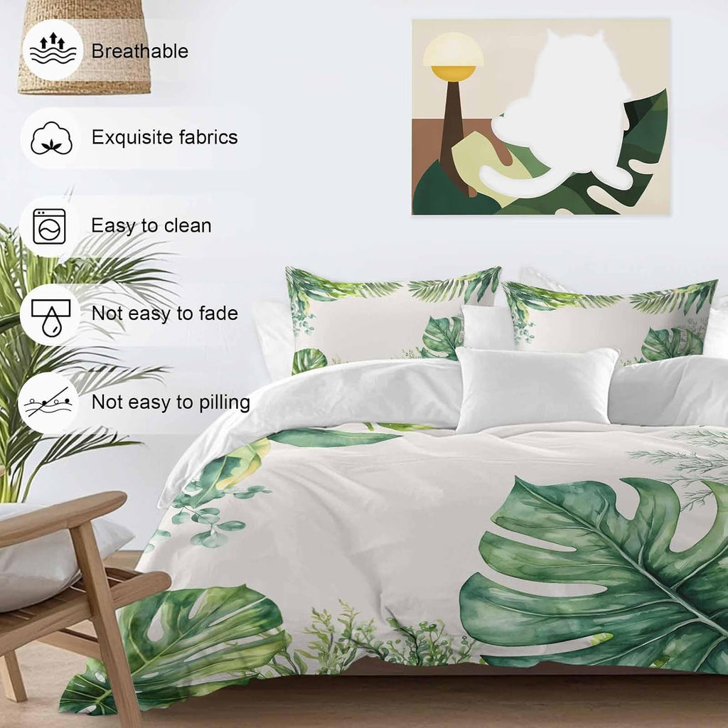 Tropical Leaf Duvet Cover Set Queen Size 4 Pieces Palms Monstera Leaves Green Plant Botanical Bedding Set with Zipper Closure, 1 Comforter Cover 92x106 Inches 1 Flat Sheet & 2 Pillow Cases