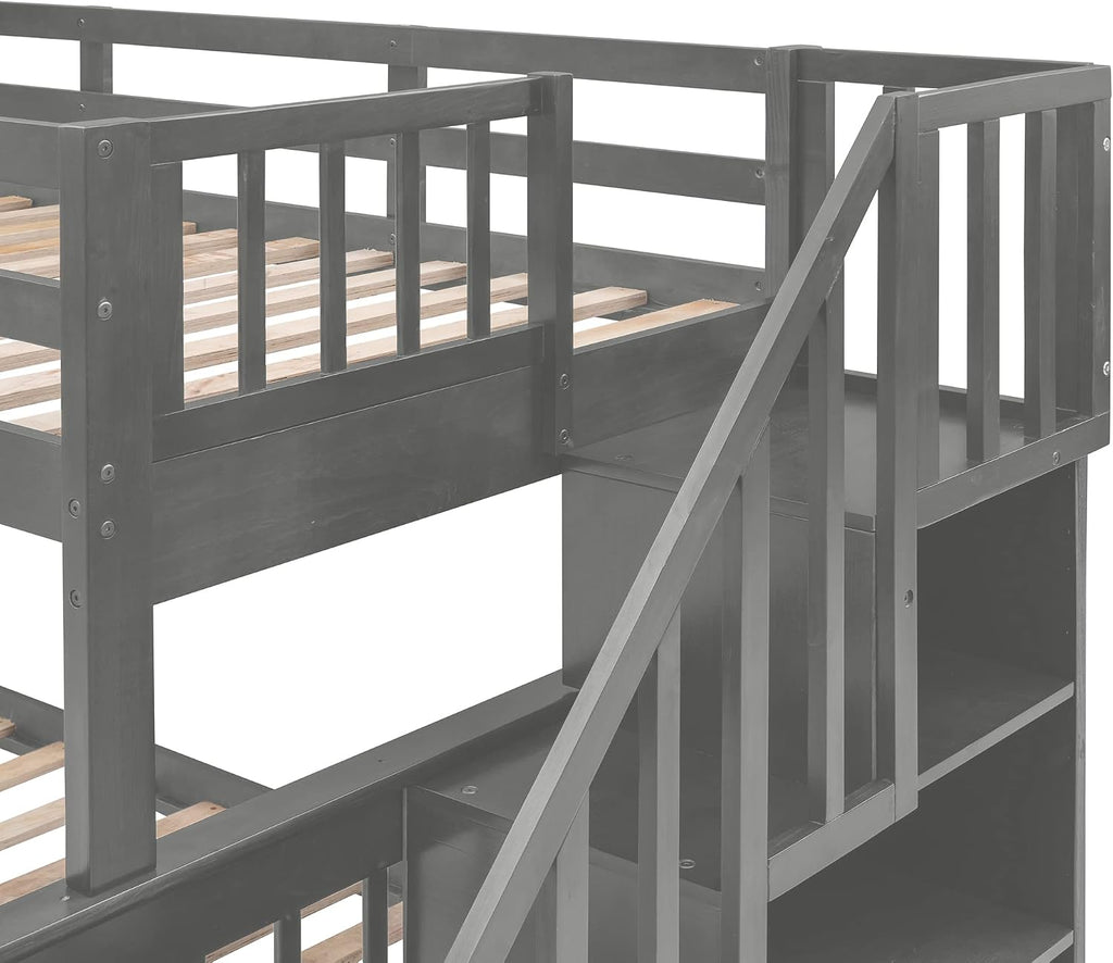Merax Twin-Over-Full Stairway Bunk Bed with Drawer, Storage and Guard Rail for Bedroom, Dorm, for Adults (Grey)
