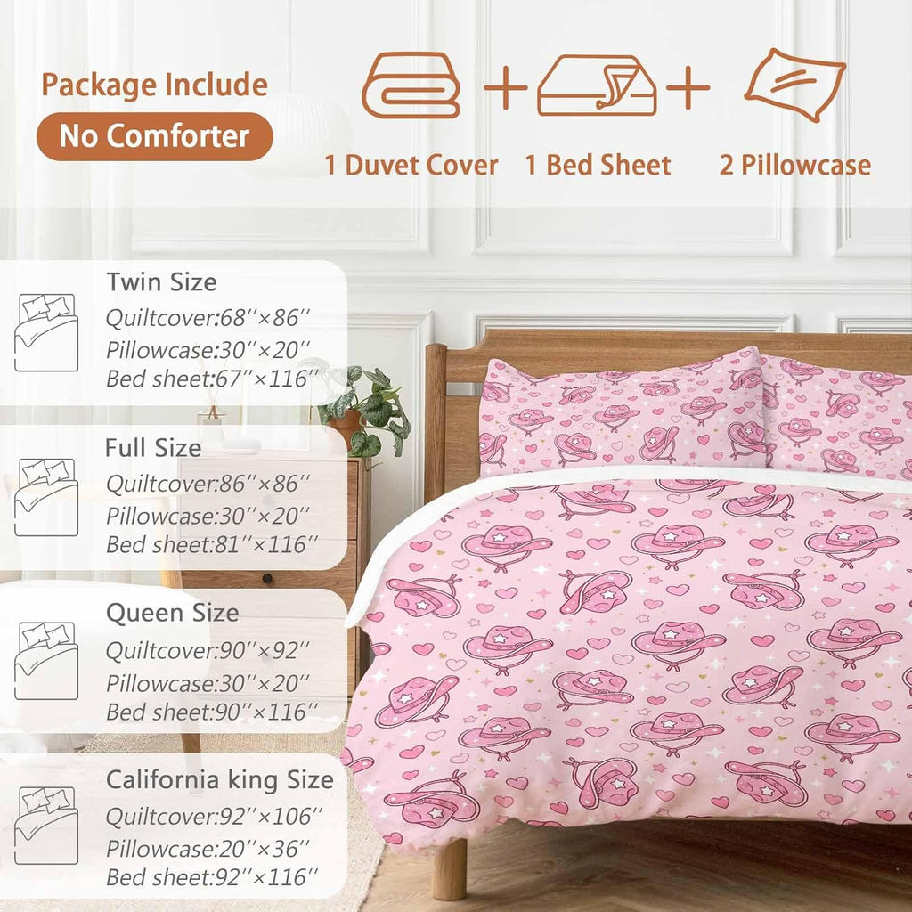 Pink Heart Cowboy Hat Duvet Cover Set Queen Size 4 Pieces Modern Minimalist Sparkling Love Star Bedding Set with Zipper Closure, 1 Comforter Cover 86x86 Inches 1 Flat Sheet & 2 Pillow Cases