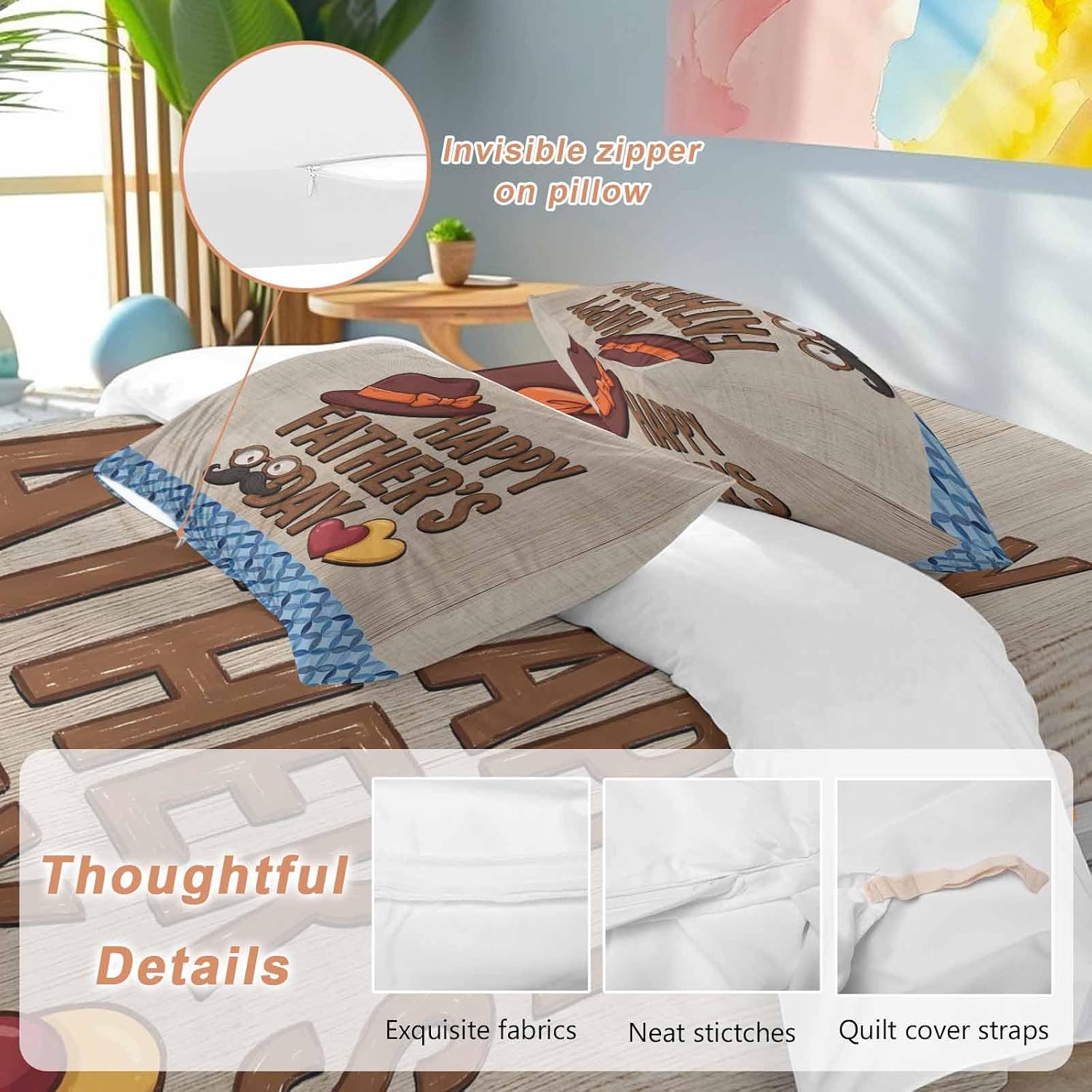 Prime Leader Father's Day Duvet Cover Set Queen Size 4 Pieces Wood Grain Retro Love Heart Hat Brown Blue Bedding Set with Zipper Closure, 1 Comforter Cover 92x106 Inches 1 Flat Sheet & 2 Pillow Cases