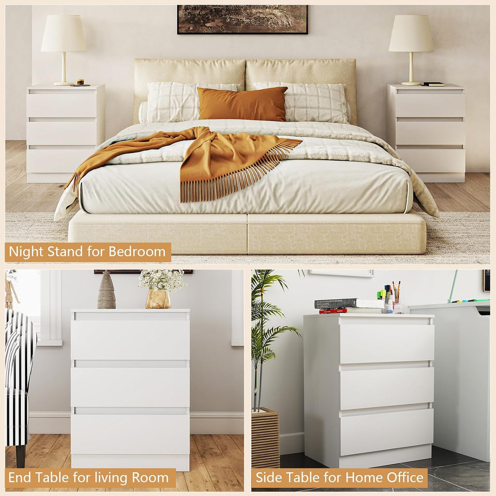 White Nightstand with 3 Drawers Set of 2,Modern Tall Bedside Table with Storage for Bedroom,End Side Table with No-Handle Design for Living Room
