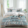 Life Is Duvet Cover Set Queen Size 4 Pieces Better at The Beach Summer Starfish Teal Wood Grain Bedding Set with Zipper Closure, 1 Comforter Cover 86x86 Inches 1 Flat Sheet & 2 Pillow Cases