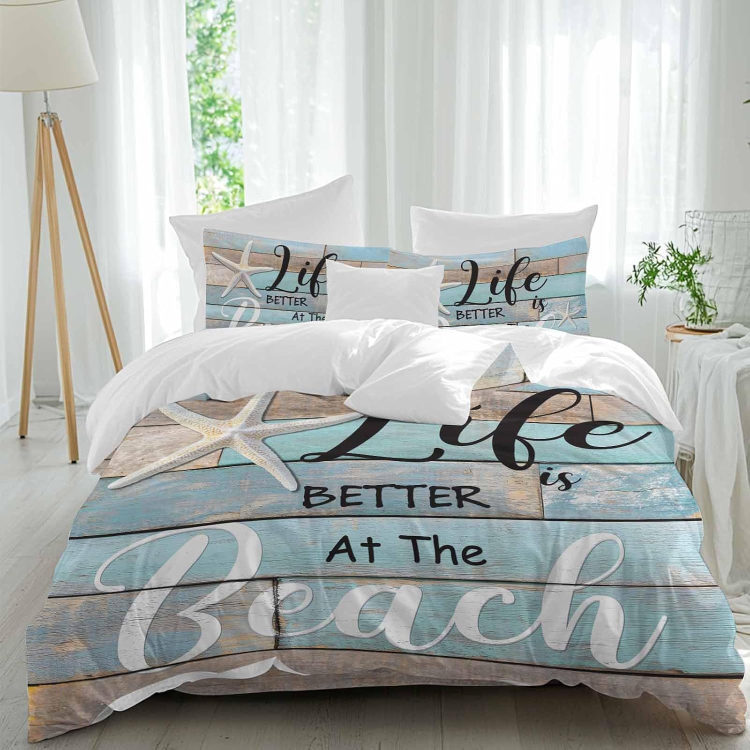Life Is Duvet Cover Set Queen Size 4 Pieces Better at The Beach Summer Starfish Teal Wood Grain Bedding Set with Zipper Closure, 1 Comforter Cover 86x86 Inches 1 Flat Sheet & 2 Pillow Cases