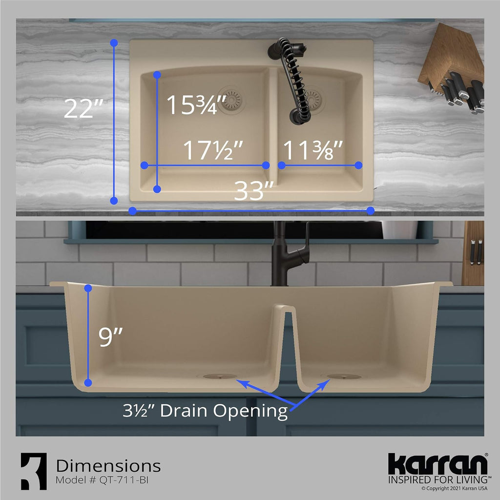 Karran QT-711 Drop-In Quartz Composite 33 in. 1-Hole 60/40 Double Bowl Kitchen Sink in Bisque