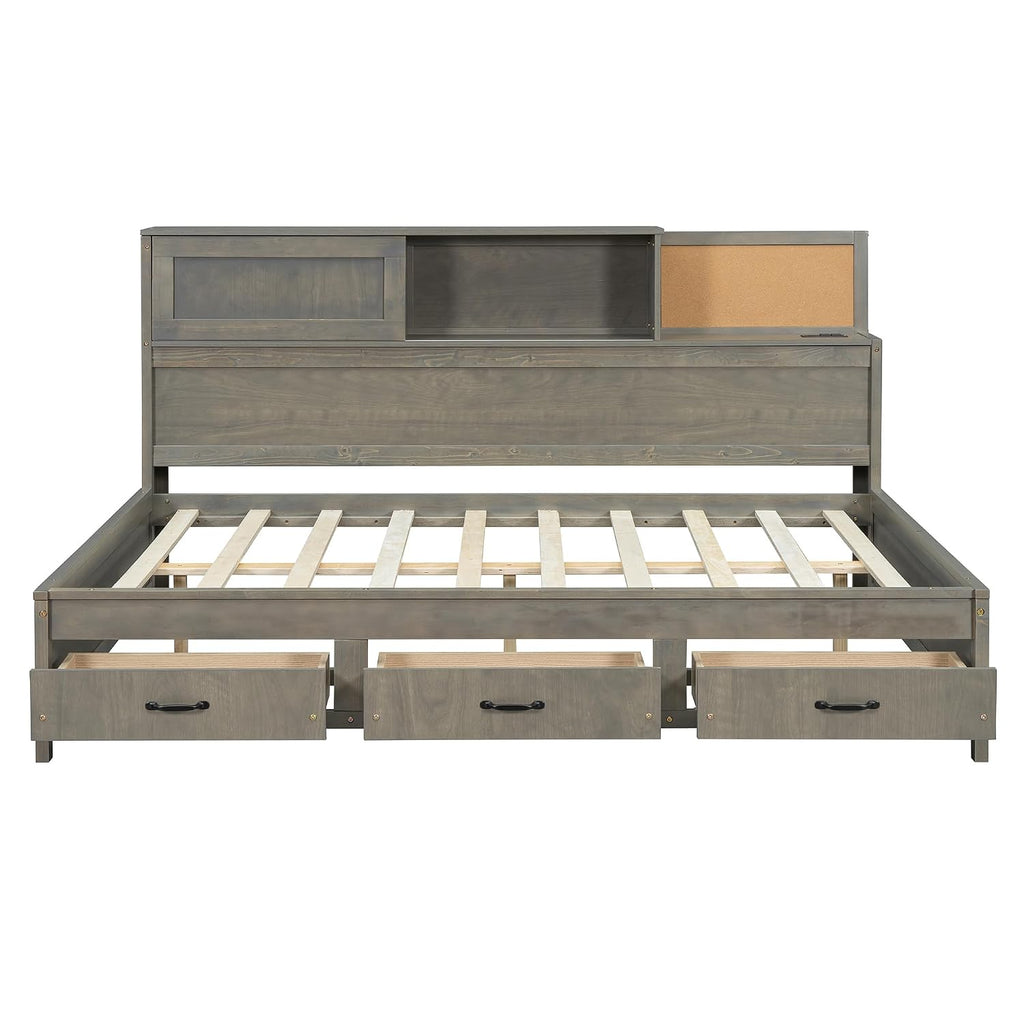 Ball & Cast Full Size Wooden Daybed with 3 Storage Drawers and Upper Soft Board,Versatile Day Bed w/a Set of Sockets & USB Ports,Bedroom Furniture for Apartment,Guest Room,Gray