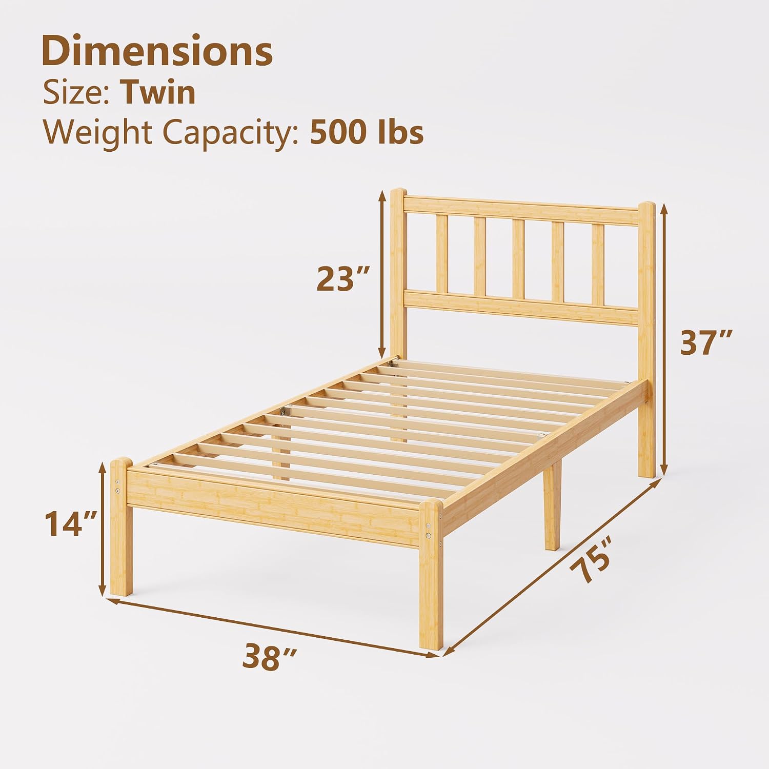 14 in High Solid Bamboo Wood Twin Bed Frame with Headboard, Platform Twin Size Bed Frame, Heavy Duty, No Box Spring Needed, Nosie Free