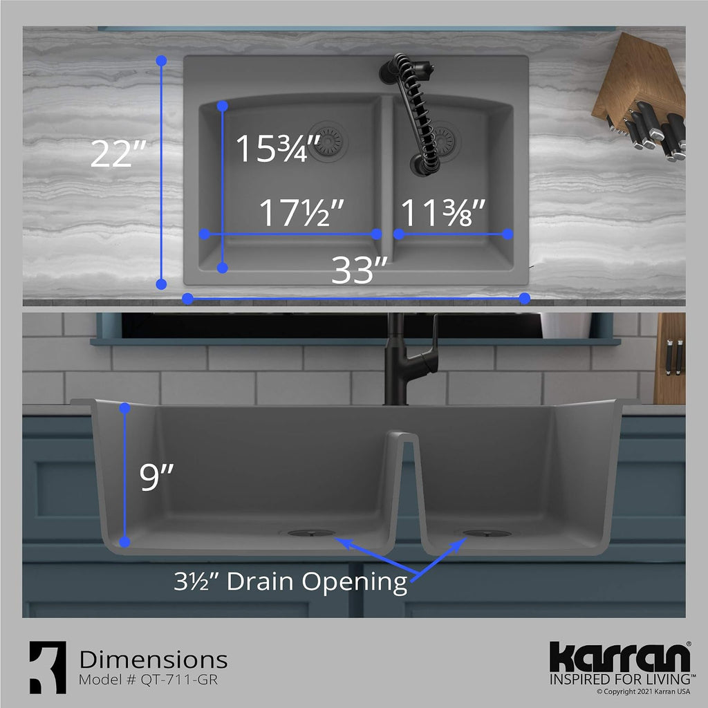 Karran 33 Inch Drop In Double Bowl Kitchen Sink – 60/40 Quartz Composite Granite Top Mount Sink, Deep Basins, 1 Hole with Additional Knockouts, Heat & Scratch Resistant in Grey