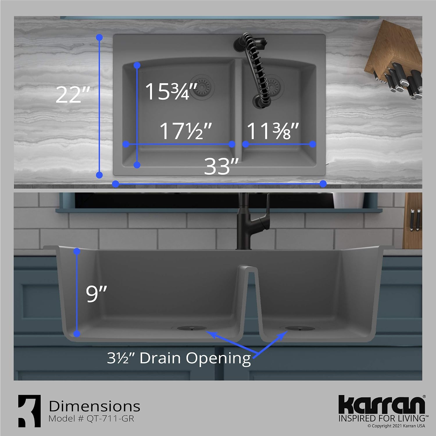 Karran 33 Inch Drop In Double Bowl Kitchen Sink – 60/40 Quartz Composite Granite Top Mount Sink, Deep Basins, 1 Hole with Additional Knockouts, Heat & Scratch Resistant in Grey