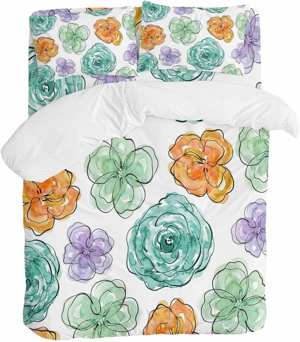 Abstraction Art Duvet Cover Set Queen Size 4 Pieces Watercolors Flowers Minimalist Lines Modern Bedding Set with Zipper Closure, 1 Comforter Cover 92x106 Inches 1 Flat Sheet & 2 Pillow Cases