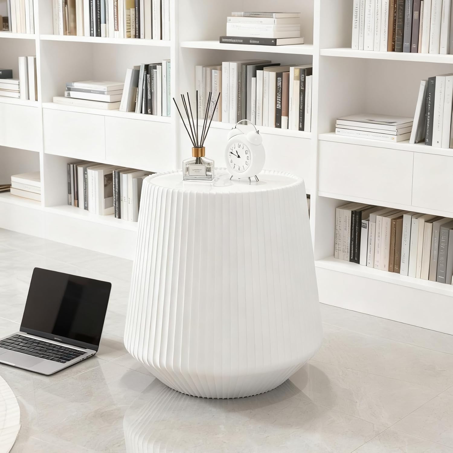 19.68' White Round Coffee Table, Drum Coffee Table with Sintered Stone Tabletop and Fluted PU Leather Covered and Stable Base, Circle Cocktail Tea Table for Living Room