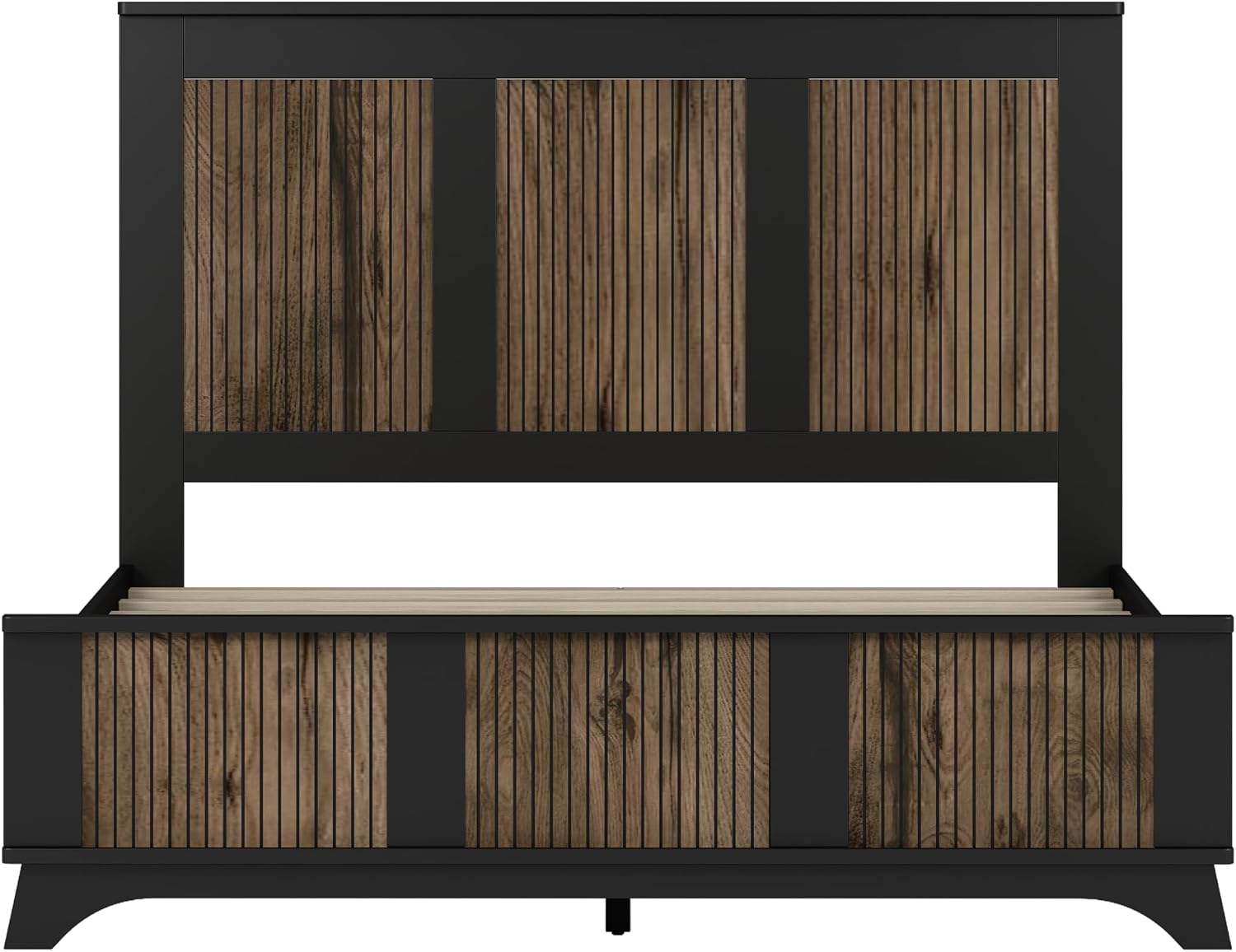 Farmhouse 4-Pieces Bedroom Sets, Queen Size Farmhouse Platform Bed with Wooden Strip Stickers Decoration, 2 Nightstands and 6 Drawer Dresser with Metal Handle (Black-4PS)