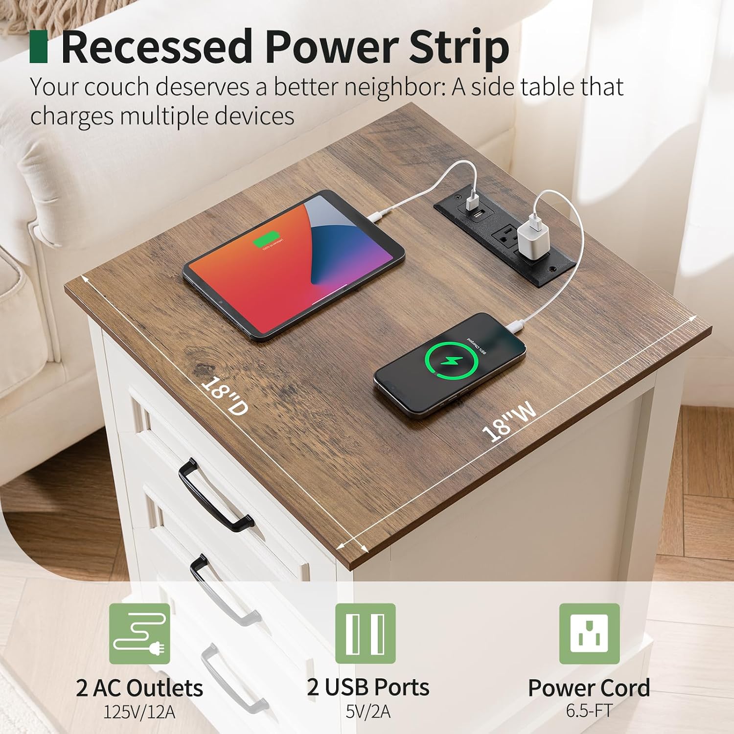 Farmhouse Nightstand with Charging Station- Wood Night Stand Set 2, 3 Drawer Nightstands Set of 2, Bedside Table with Storage, Rustic Night Stands for Bedroom, Closet, 18' Wide, 24' Tall