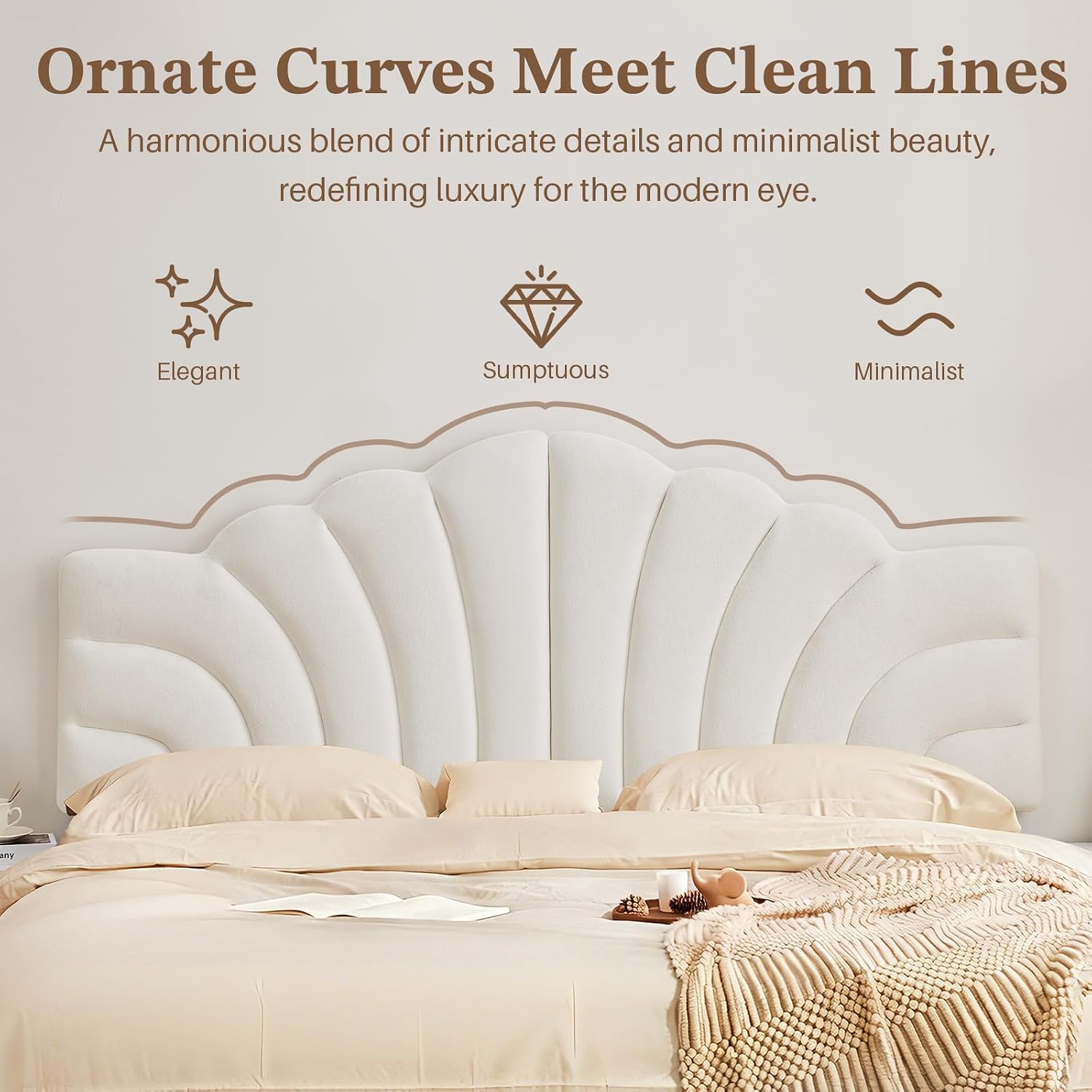 King Size Upholstered Headboard Only Adjustable Bed Headboards CA King Bed, Tiara Crown Shape Headboard with Wood Legs, Velvet Petal Head Board Wall Protector for Bedroom, White