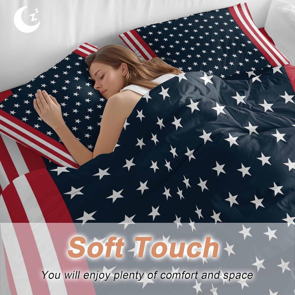 Independence Day Duvet Cover Set Queen Size 4 Pieces U.S. Flag Themed White Five-Pointed Star Bedding Set with Zipper Closure, 1 Comforter Cover 92x106 Inches 1 Flat Sheet & 2 Pillow Cases