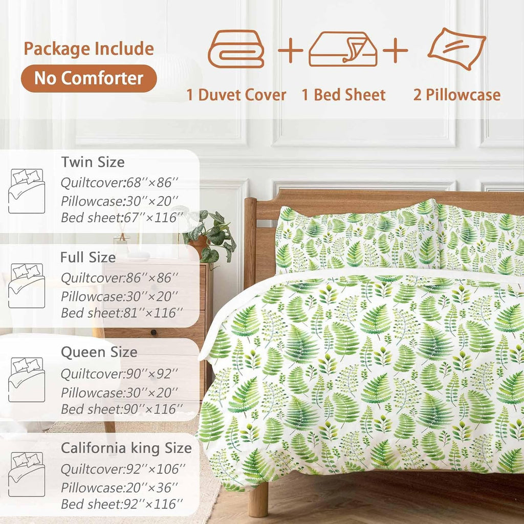 Prime Leader Spring Ferns Leaves Duvet Cover Set Queen Size 4 Pieces Watercolor Green Plant Fields Bedding Set with Zipper Closure, 1 Comforter Cover 92x106 Inches 1 Flat Sheet & 2 Pillow Cases