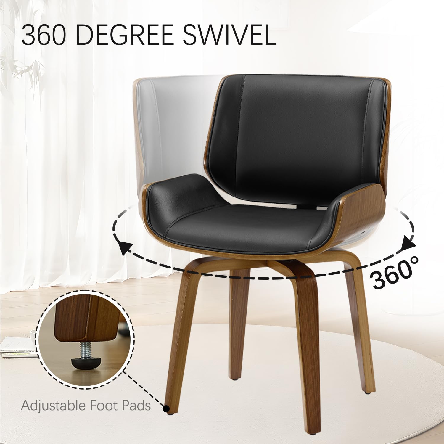 Zouron 360° Swivel Dining Chairs, Mid Century Modern Retro Faux Leather Chair with Walnut Bentwood Legs, Kitchen Dining Room Chairs with Upholstered Seat, (Set of 4, Black)