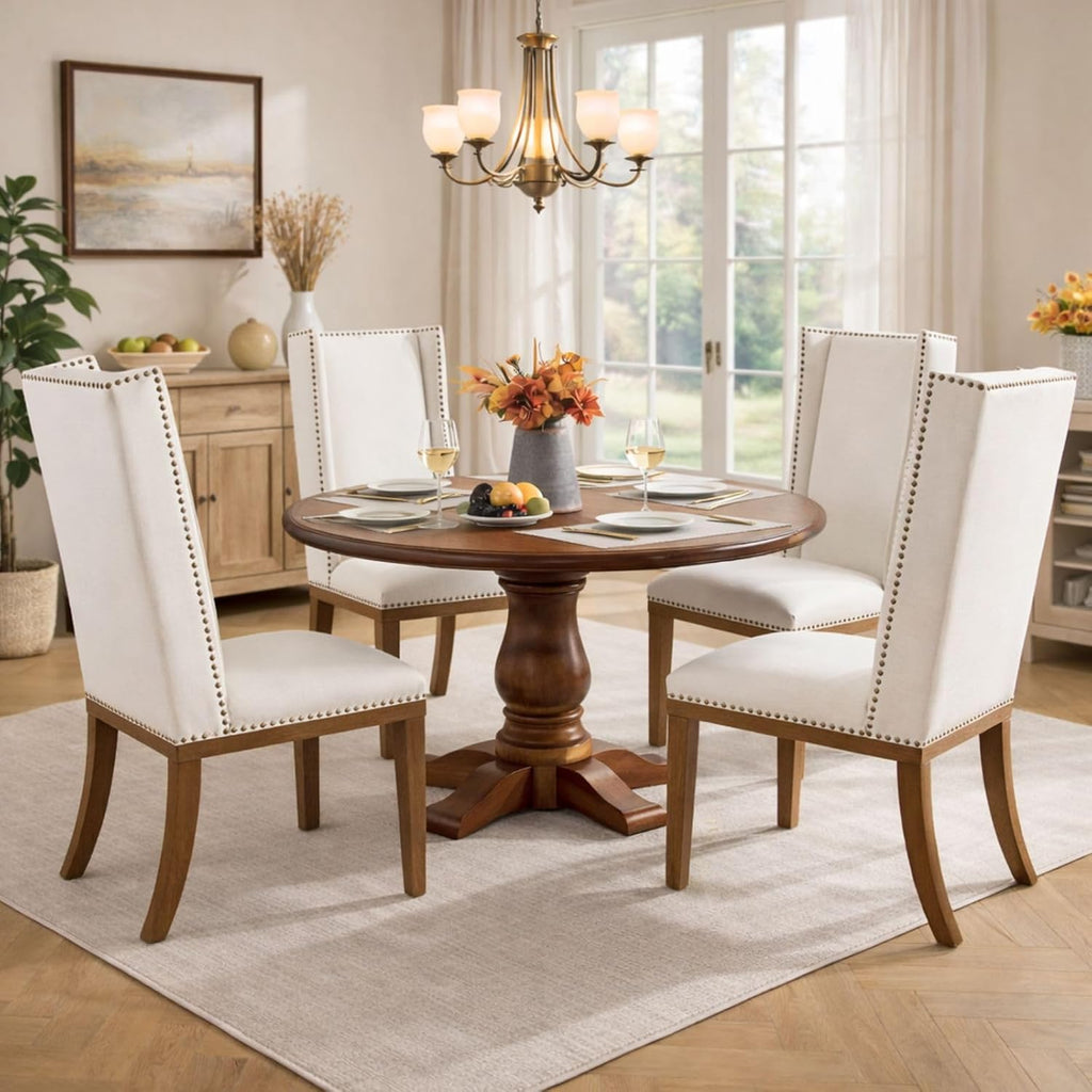 Wingback Dining Chairs Set of 2, Uphosltered Linen Kitchen Chairs with High Back, Solid Wood Accent Side Chair for Dining Room/Bedroom/Living Room, Linen White