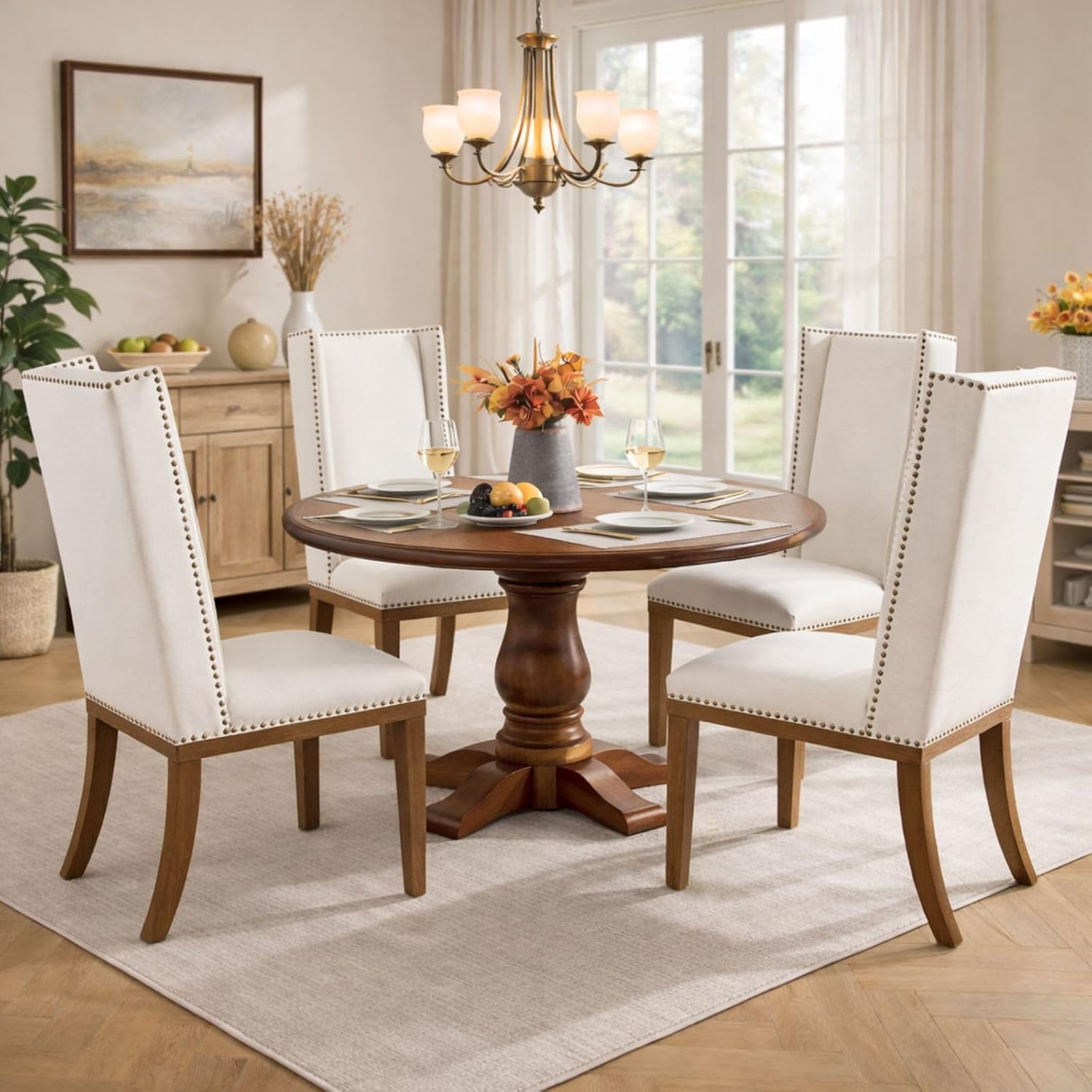 Wingback Dining Chairs Set of 2, Uphosltered Linen Kitchen Chairs with High Back, Solid Wood Accent Side Chair for Dining Room/Bedroom/Living Room, Linen White