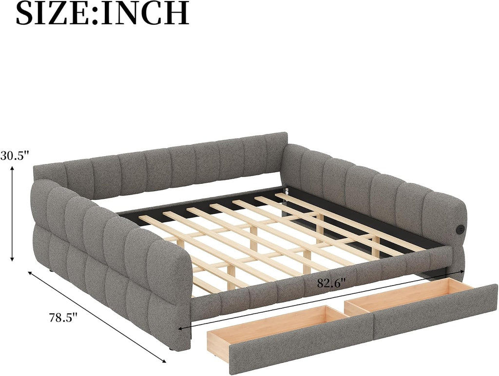 RuiSiSi King Size Daybed with Drawers, Upholstered Daybed with USB Ports, King Upholstered Sofa Bed Frame with Storage, Gray